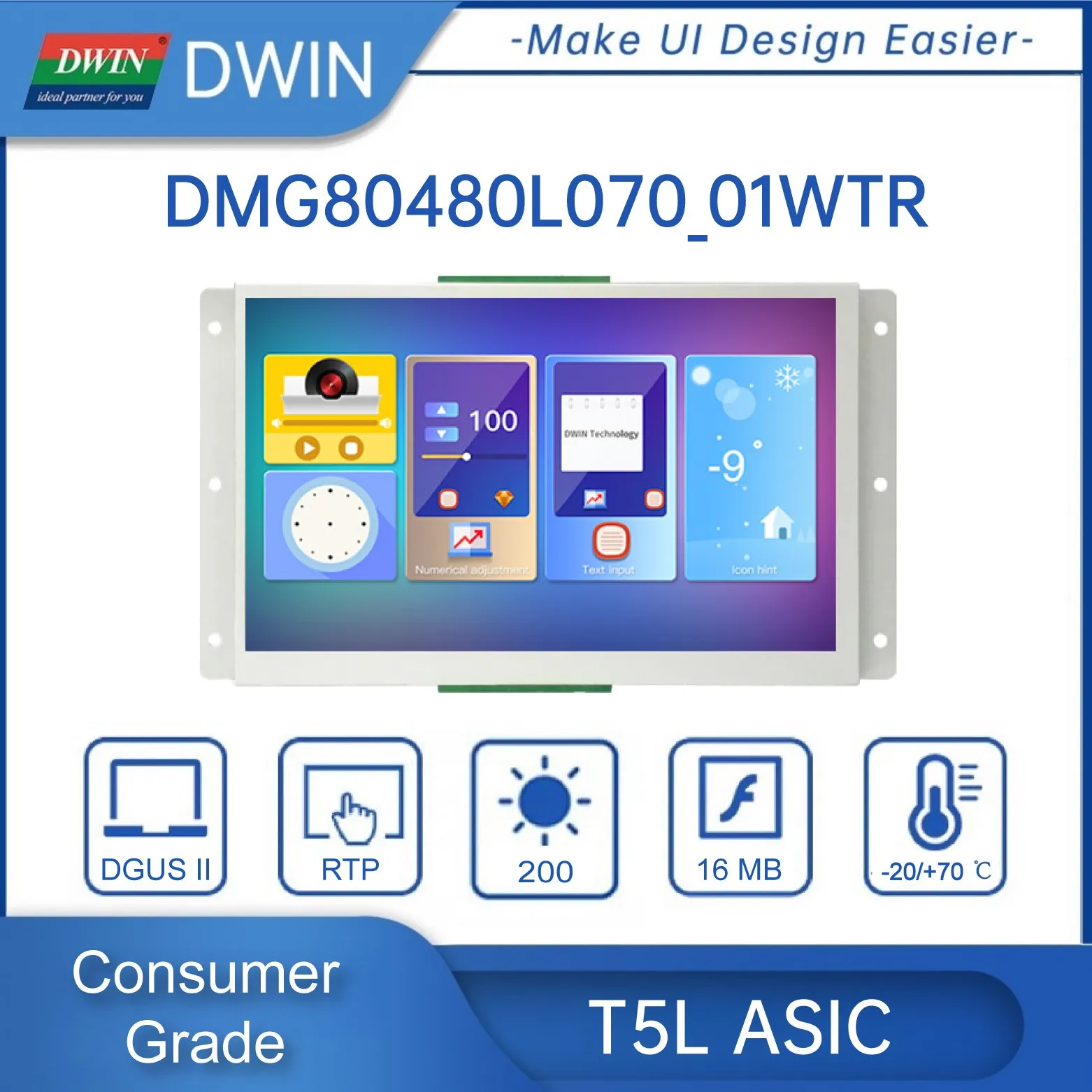 7.0 Inch Display LCD HMI Intelligent Module, Resistive Touch Panel, 800*RGB*480, Consumption Grade - DMG80480L070_01WTR