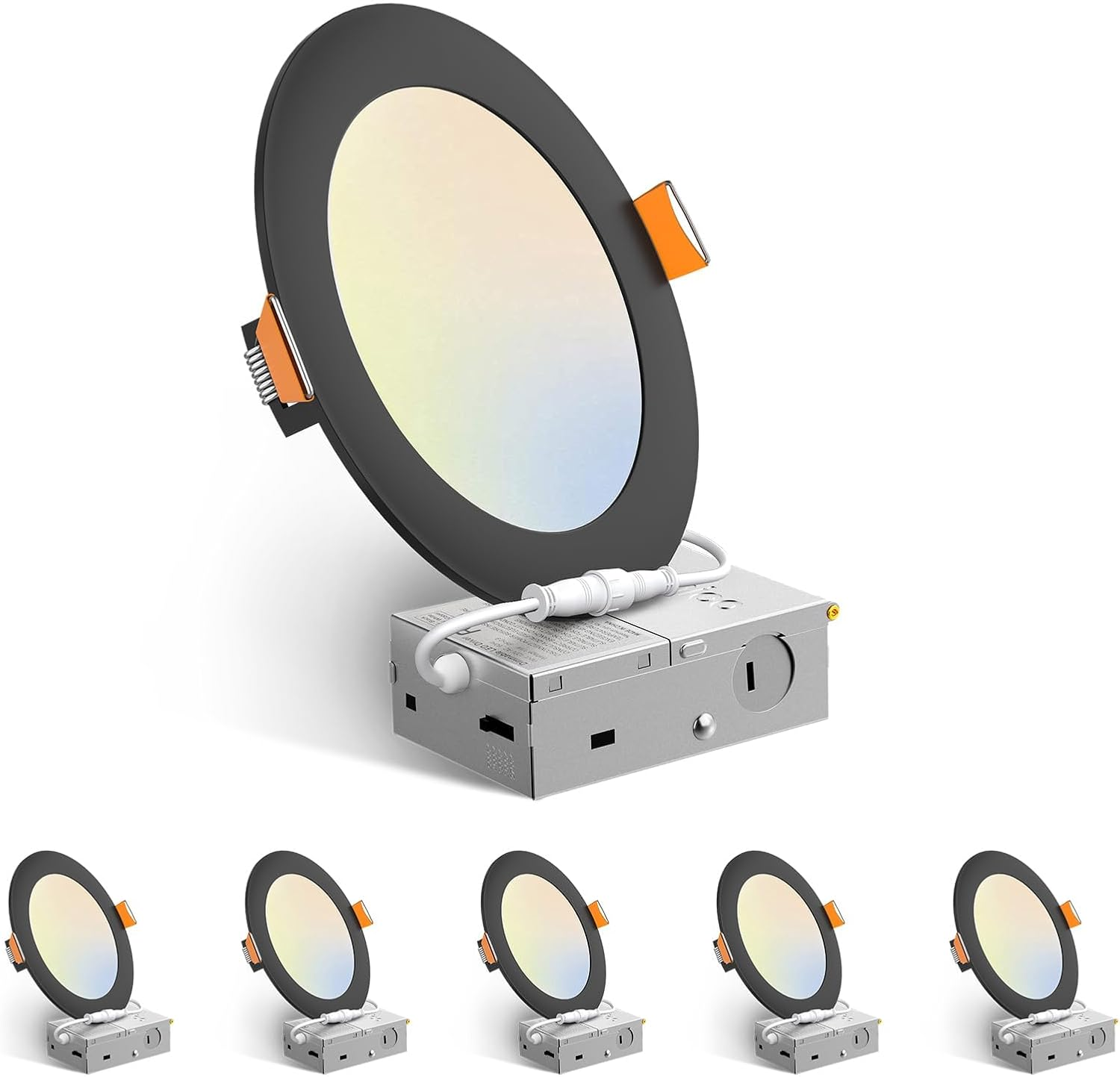 6 Pack 6 Inch 5CCT Ultra-Thin LED Recessed Ceiling Light with Junction Box, 2700K/3000K/3500K/4000K/5000K Selectable, 12W Eqv 110W, Dimmable Canless Downlight, 1050LM High Brightness,Black