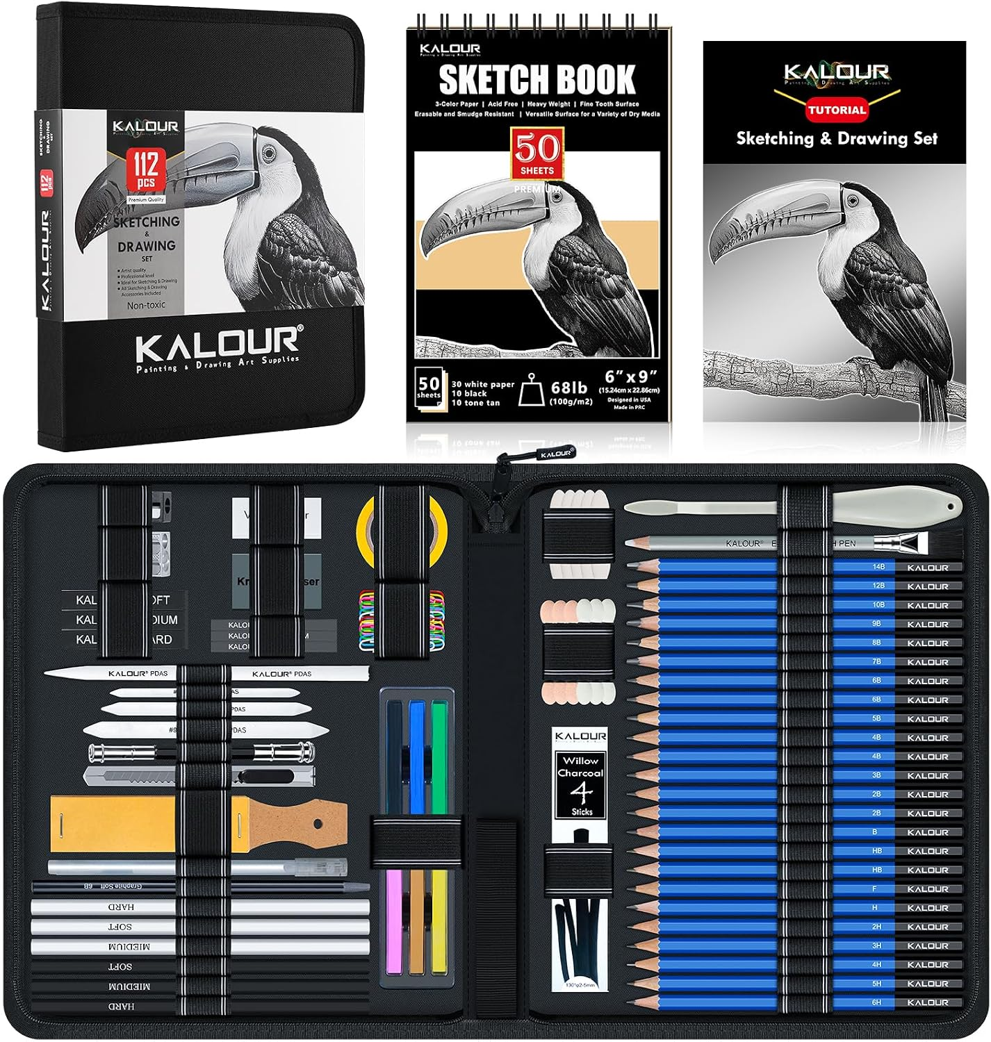 112-Teiliges Zeichen-Set Mit Skizzenbuch, Graphit- Und Kohlestiften, Künstlerbedarf Für Erwachsene, Jugendliche Und Anfänger, Ideal Zum Schattieren Und Mischen