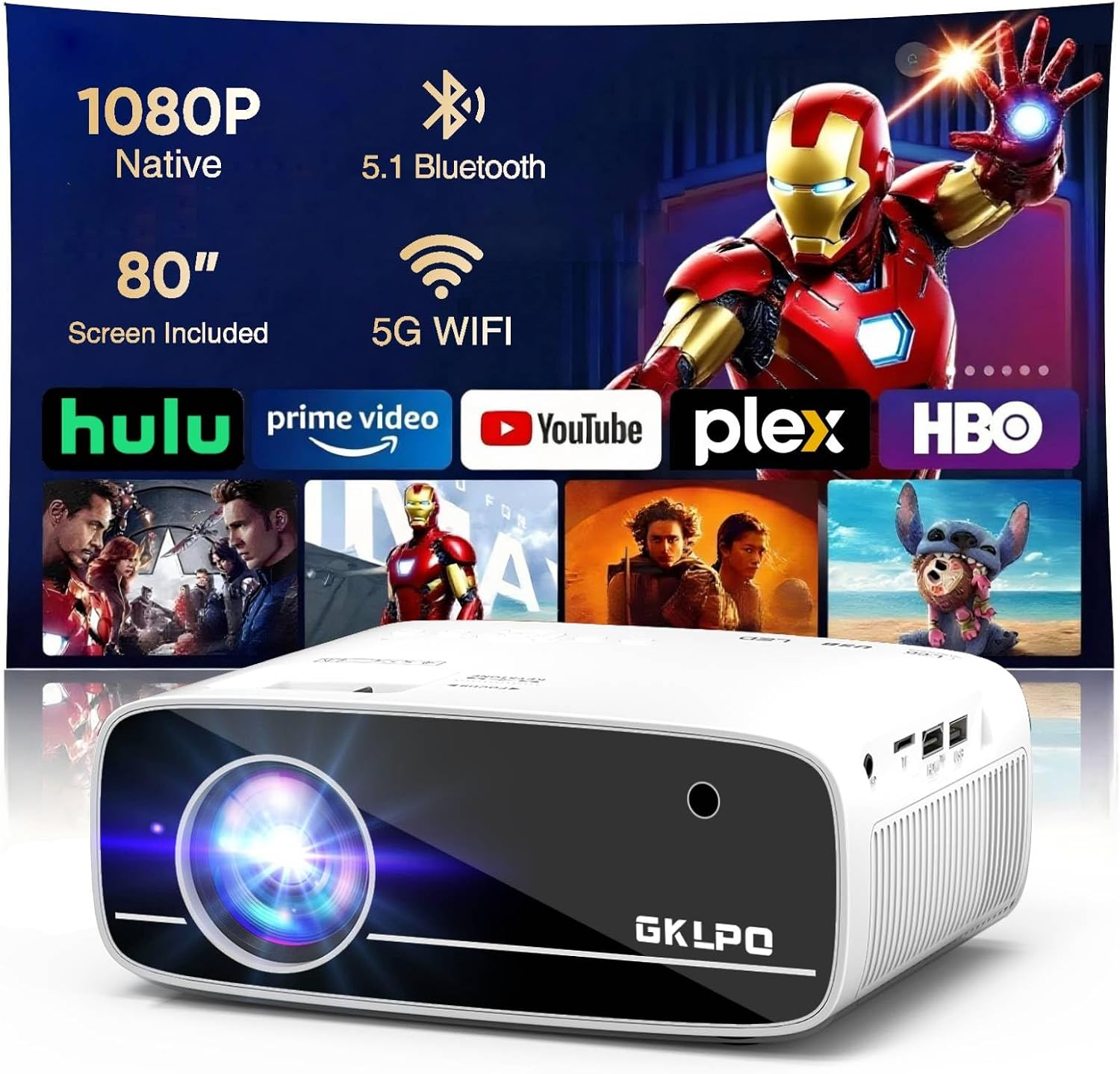 【Two-Way Bluetooth】1080P Mini Projector with Projector Screen, 50% Zoom, Portable Outdoor Movie Projector, Compatible with TV Stick, Video Games, HDMI, USB, Smartphone (4K Projector)