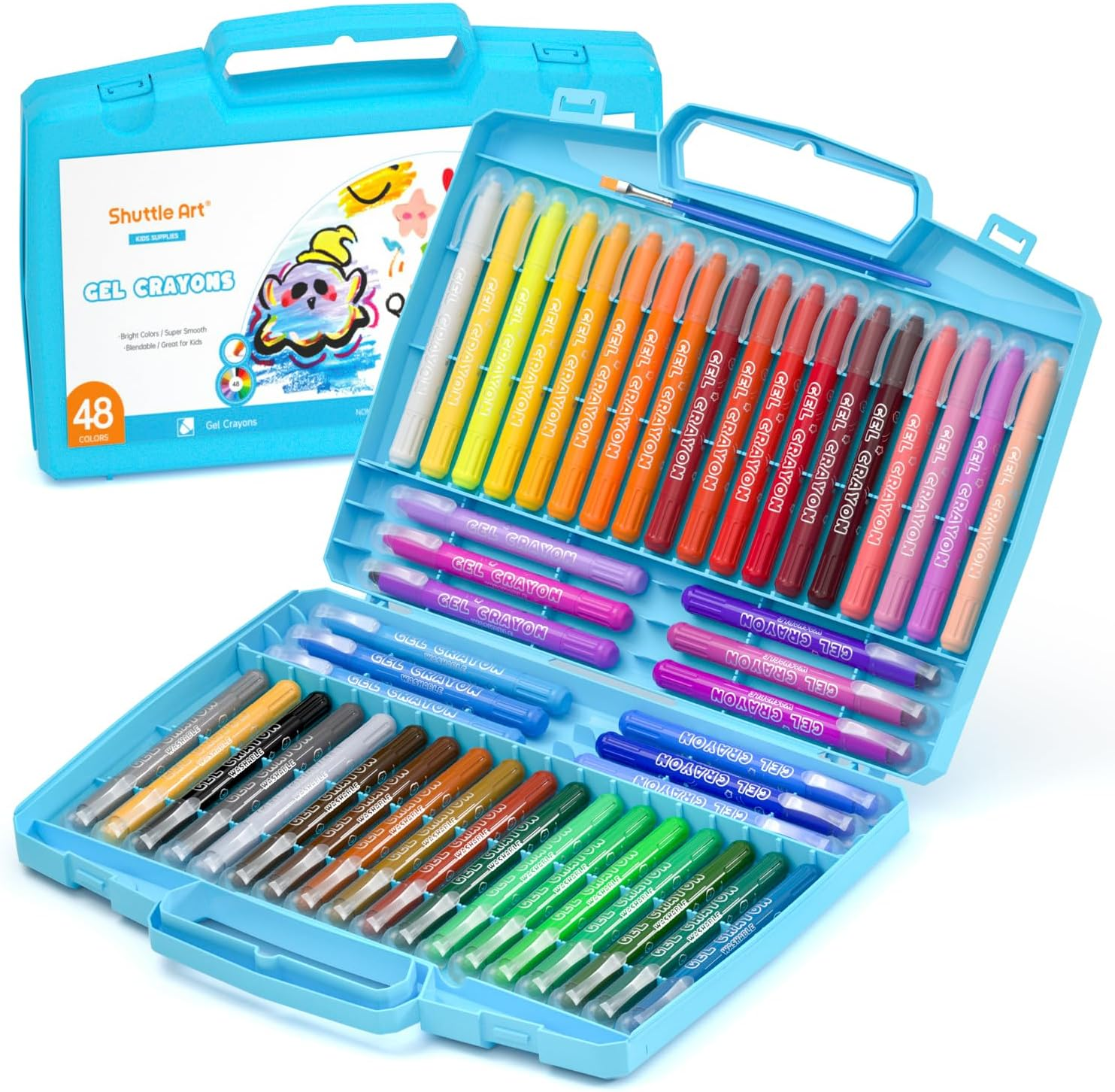 48 Colors Gel Crayons for Toddlers, Non-Toxic Crayons Set with 1 Brush and Foldable Case for Kids Children Coloring, Crayon-Pastel-Watercolor Effect, Ideal for Window Paper Glass
