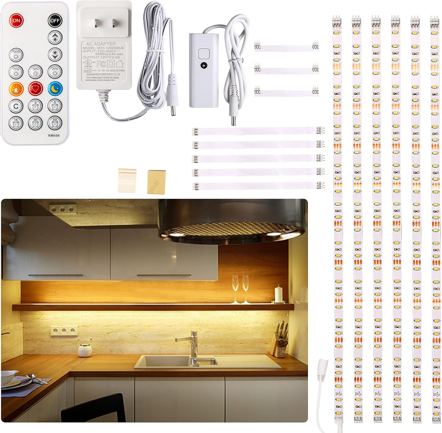 under Cabinet LED Lighting Kit, 6 PCS Dimmable LED Strip Lights with Remote Control Dimmer, 24W Adapter, Hidden 2700K Warm White Set, Bright 1500Lm, Timing, Kitchen, Counter, Shelf, Showcase