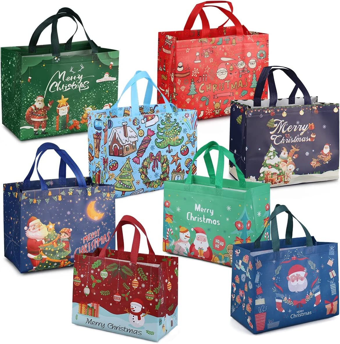 PARSUP 8PCS Christmas Gift Bags,Christmas Tote Bags with Handles, Christmas Treat Bags, Multifunctional Non-Woven Christmas Bags for Gifts Wrapping Shopping, Xmas Party Supplies, 12.8
