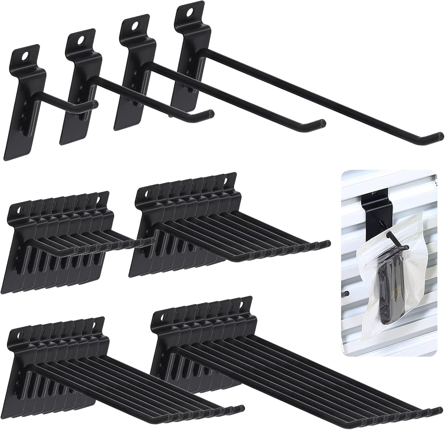 32Pcs Slatwall Hooks Assortment Set 2/4/6/8 Inch Slat Wall Shelf Brackets Hanging Hook Heavy Duty Pegboard Gridwall Hooks Display Panel Hook for Garage Shop Retail (Black)