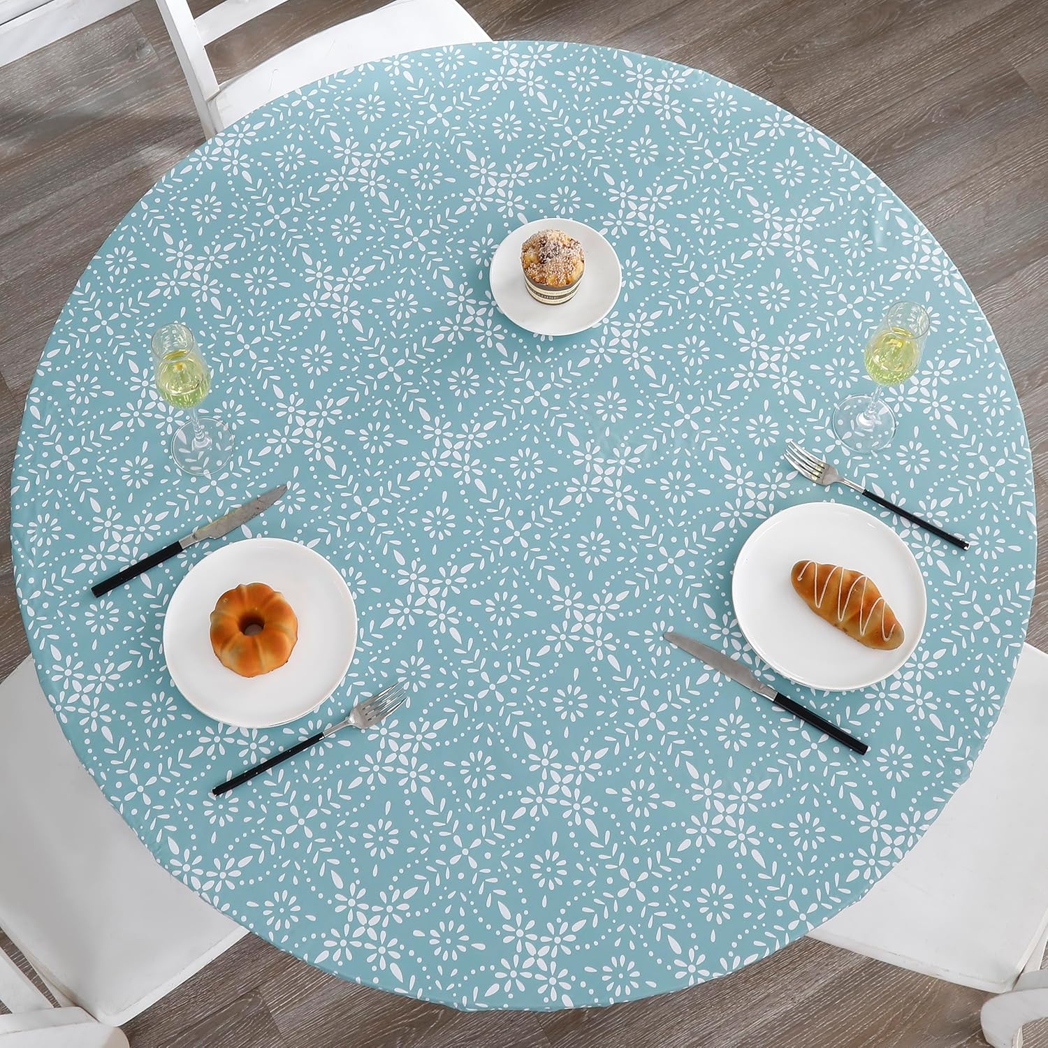 Round Vinyl Fitted Tablecloth with Flannel Backing Elastic Edge Design Table Cover Waterproof Oil-Proof PVC Table Cloth Stain-Resistant Best for 37"-44" Round