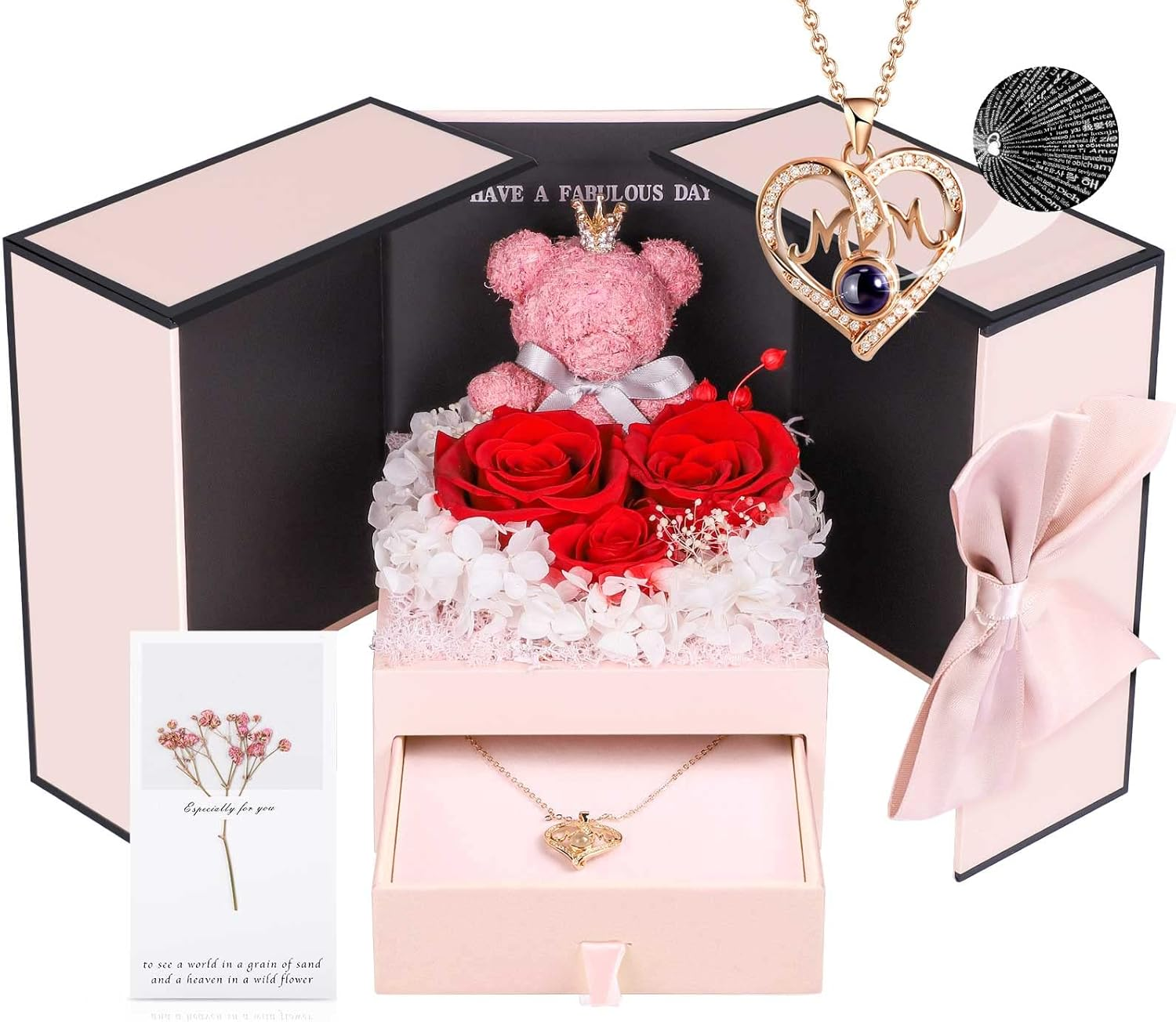 Gifts for Mom from Daughter Son, Preserved Real Red Rose with Cute Bear & I Love You in 100 Languages Mom Necklace, Unique Mothers Day, Birthday Gift Box for Mama Mother