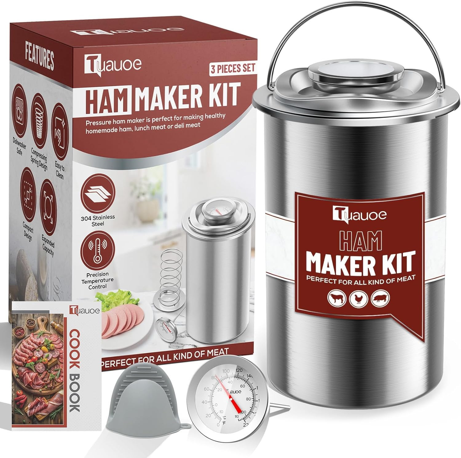 Meat Press Mold for Deli Meats, Stainless Steel Ham Press Mold with Thermometer & Silicone Kitchen Mittens for Making Homemade Healthy Deli Poultry Patty, Funny Kitchen Gift for Women and Men