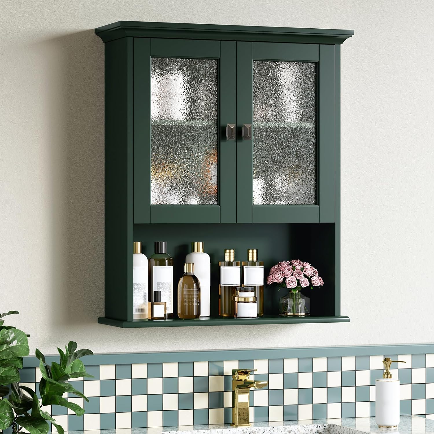 Bathroom Cabinet Wall Mount, Medicine Cabinet over Toilet Storage Cabinet with Glass Door Build-In Spirit Level Cupboard Hanging Storage for Bathroom Laundry Kitchen Living Room (Forest Green)