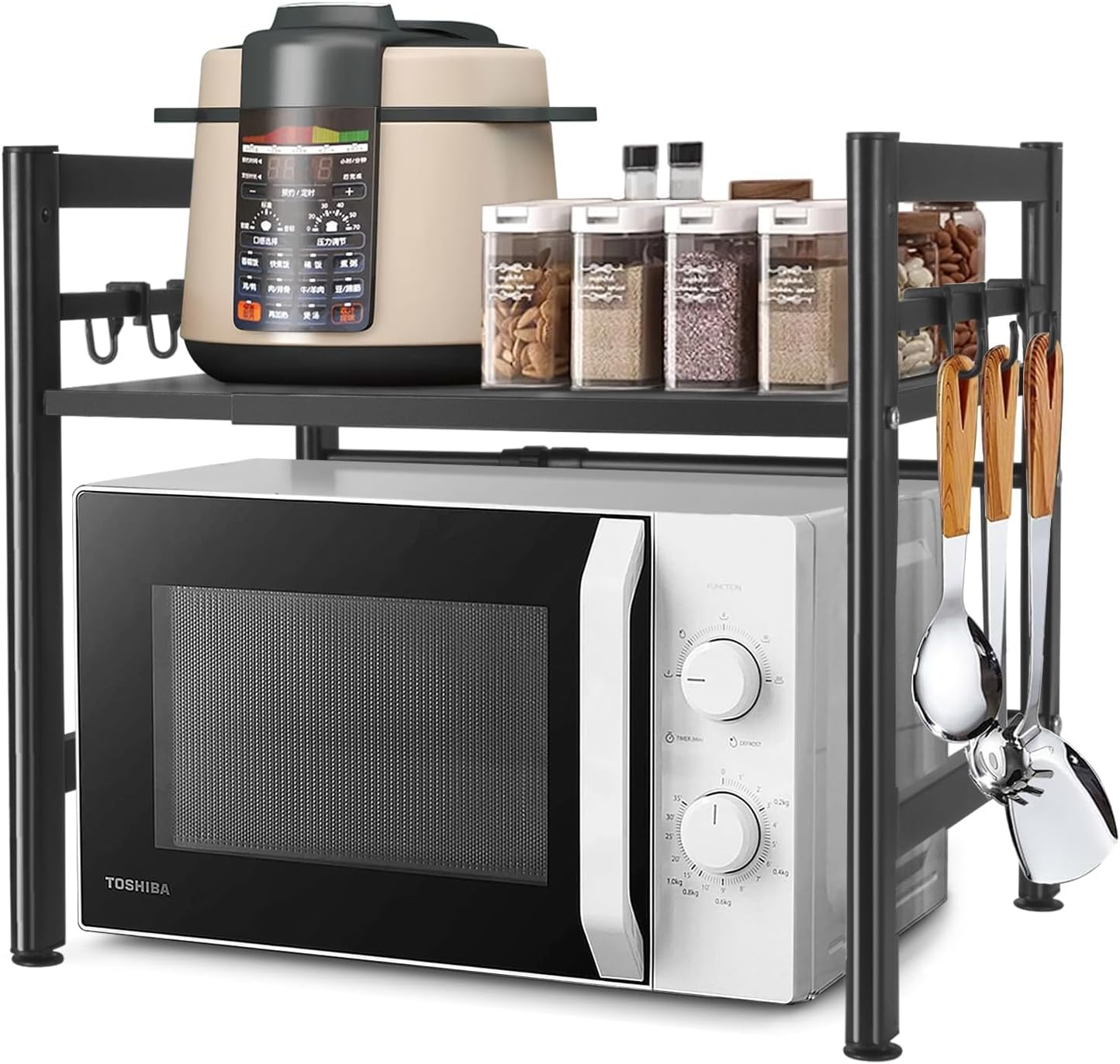 Scaffale Cucina Salvaspazio Estensibile Mensola Microonde Scaffale Da Cucina, Ripiani per Microonde Con 6 Ganci, Mensola Cucina per Mettere Piatti E Ciotole.