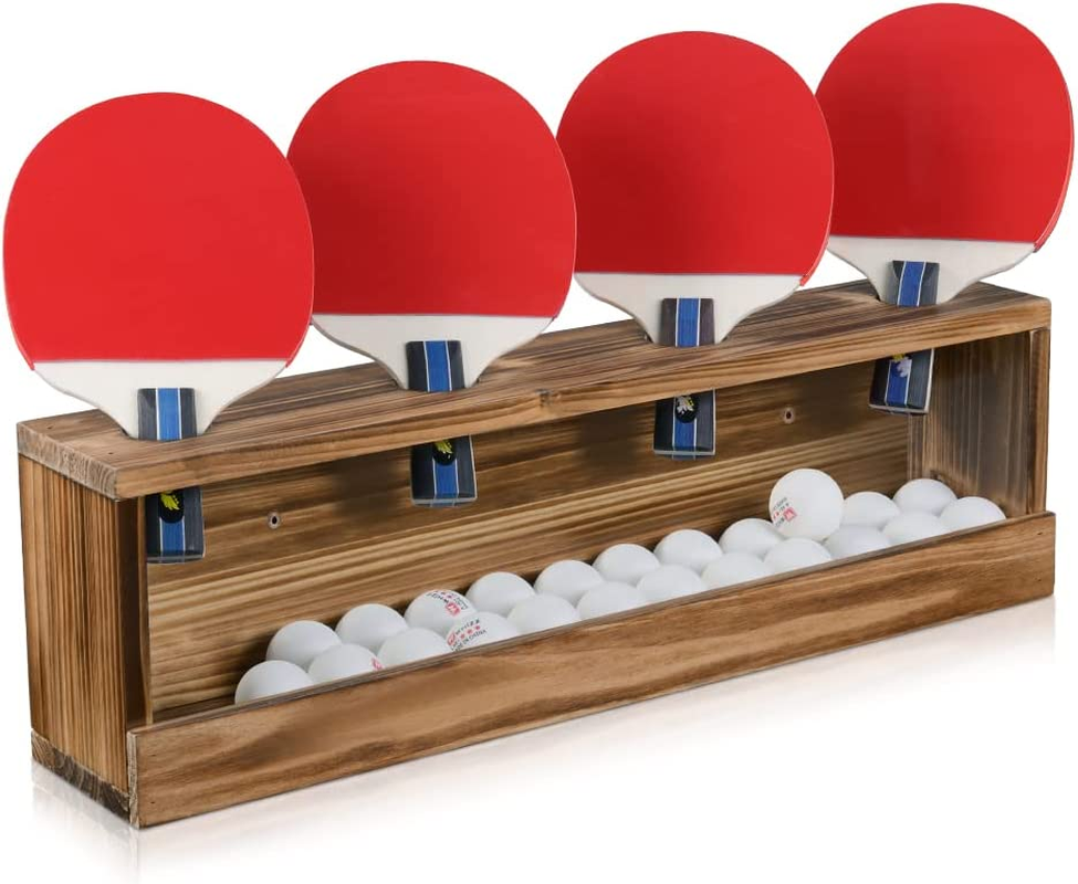 Ping Pong Paddle Storage Rack Table Tennis Racket Display Wall Mounted Holder for 4 Paddles and Balls Storage in Bar Room, Game Room, Office Break Room, Garage, Bedroom, Home, Rustic Burnt