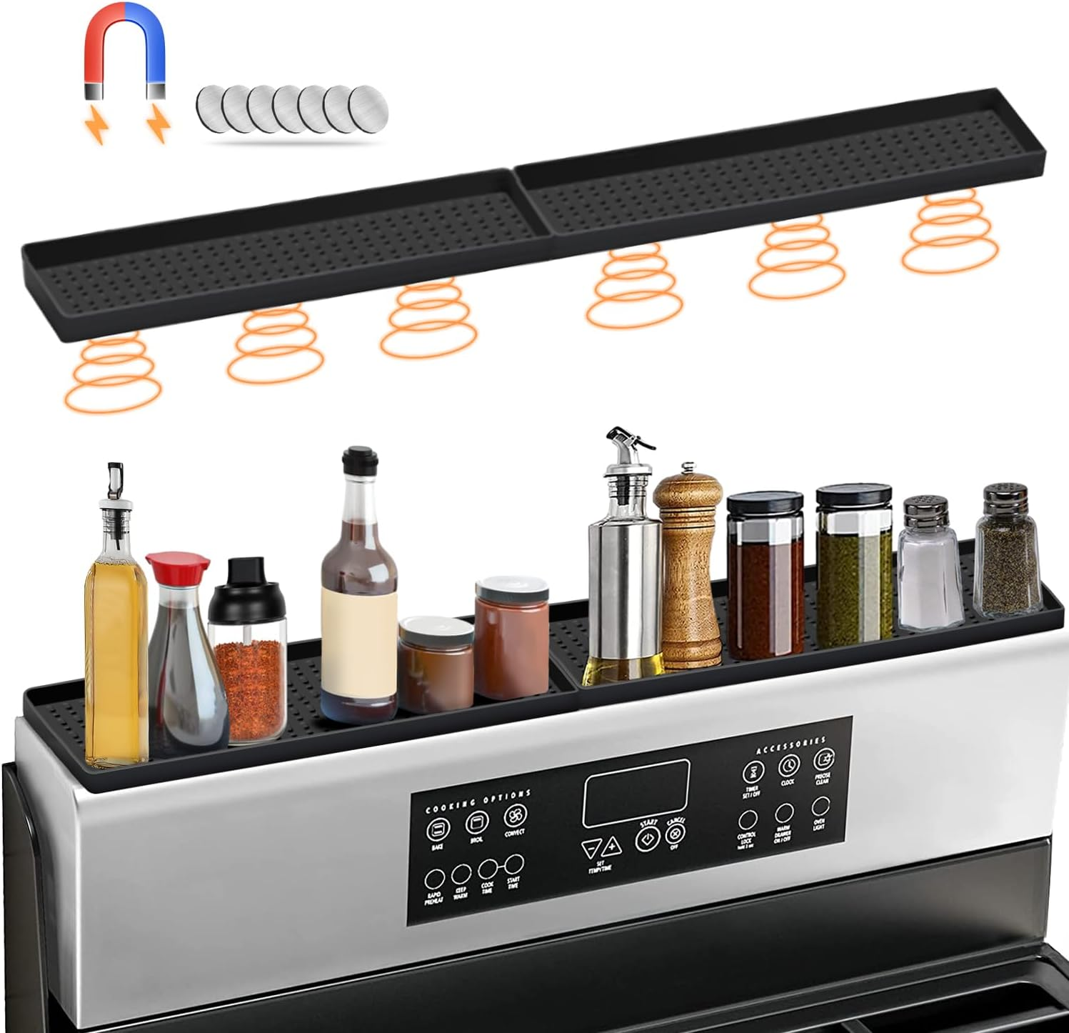 30 Inch Silicone Magnetic Stove Top Shelf, Kitchen Shelf over Stove Spice Rack Apartment Must Haves Kitchen Gadgets for above Stovetop Seasoning Organization and Storage with 2 Functional Prtitions