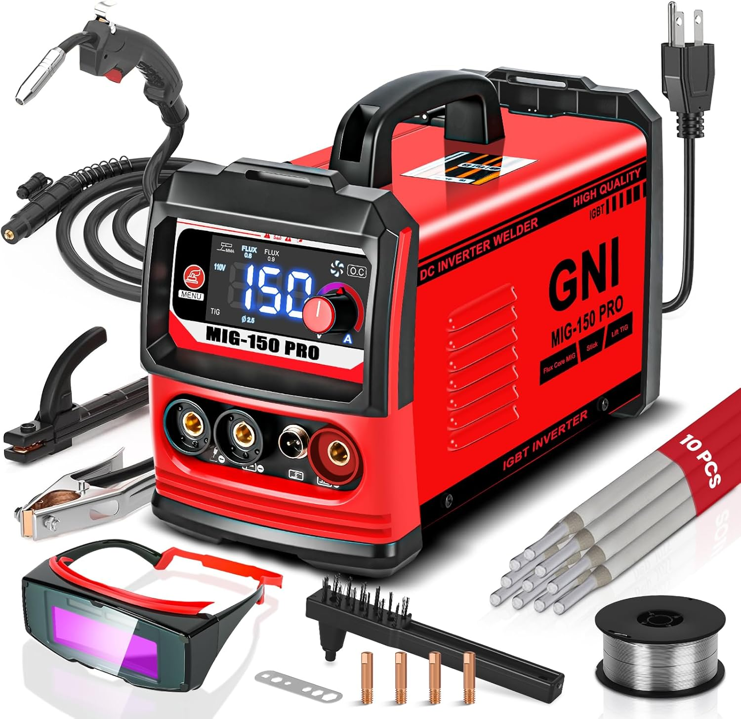 Mig/Tig/Stick Welding Machine, IGBT Inverter Portable MINI Welder Machine 110V, Beginner-Friendly MIG Welder with Auto-Darkening Goggles, 150A Flux Core Welder for Home DIY