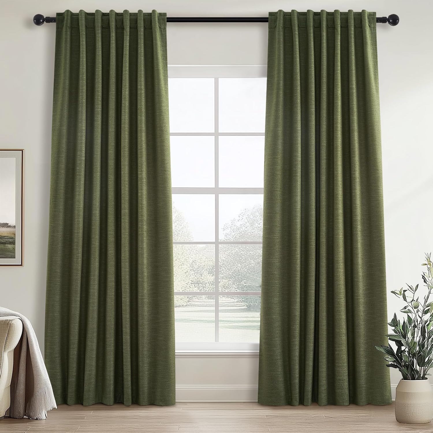 Dark Olive Green Blackout Curtains 96 Inch Long 2 Panels Set with Hook,Back Tab Pinch Pleated Drapes for Track System,Darkening Modern Window Curtains for Bedroom,- Loden/Olive Forest 52X96