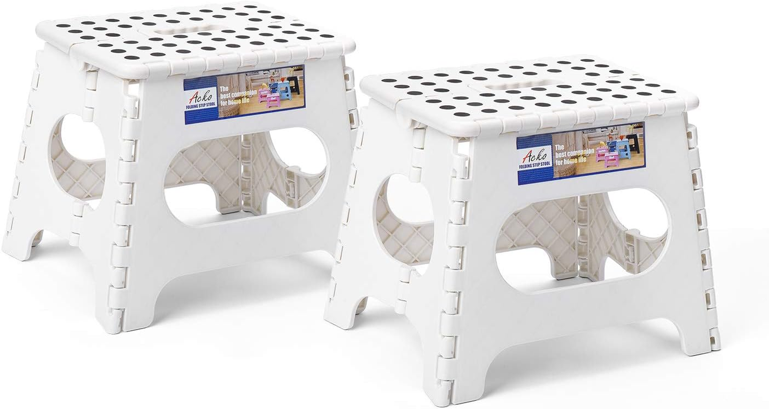 11 Inch Folding Step Stool Lightweight Plastic Step Stool - 2 Pack - Foldable Step Stool for Adults,Non Slip Folding Stools for Kitchen Bathroom Bedroom (White, 2 Pack)