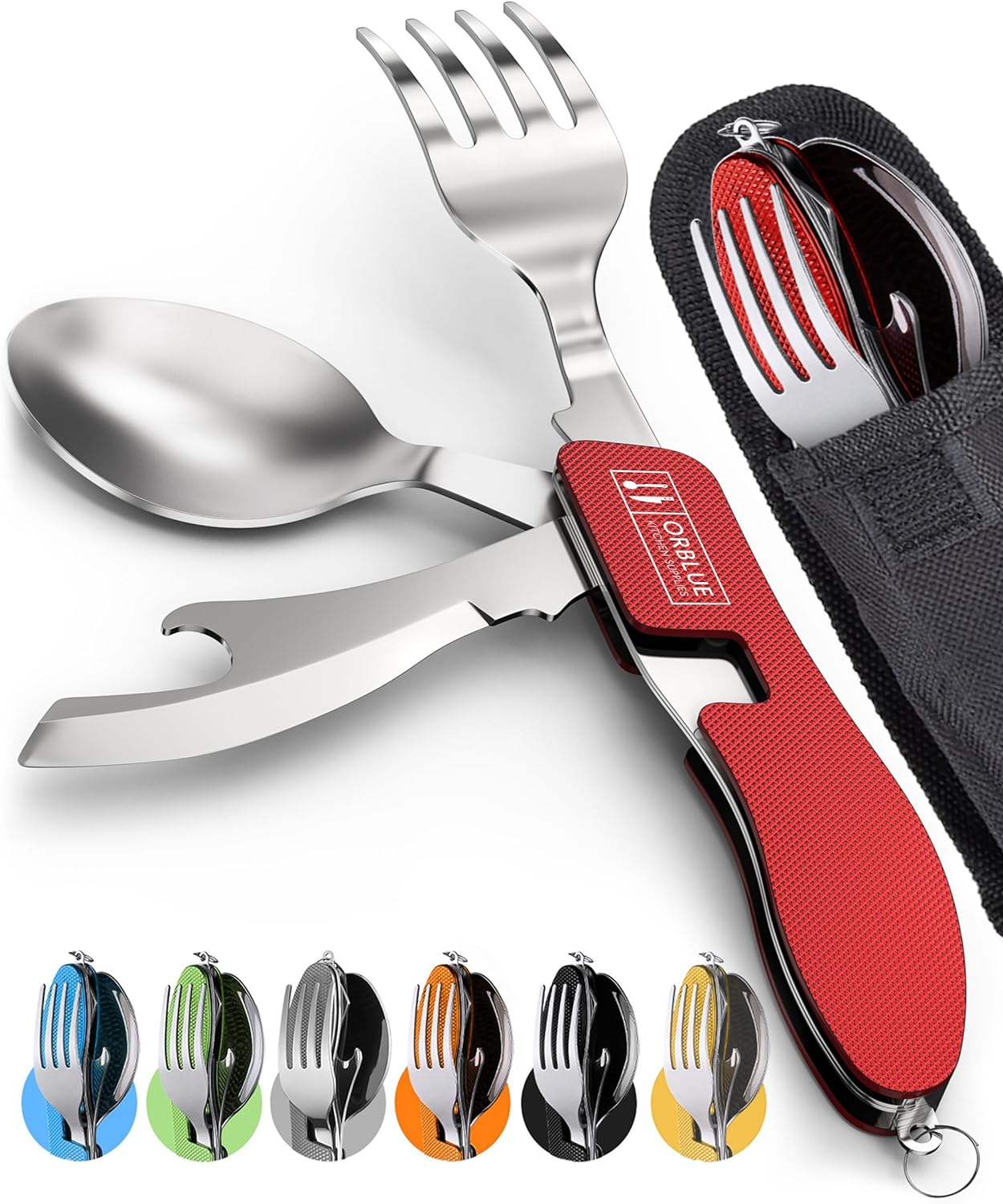 Orblue 4-In-1 Camping Utensils, 2-Pack - Portable Stainless Steel Spoon, Fork, Knife & Bottle Opener Combo Set - Travel, Backpacking Cutlery Multitool, Red