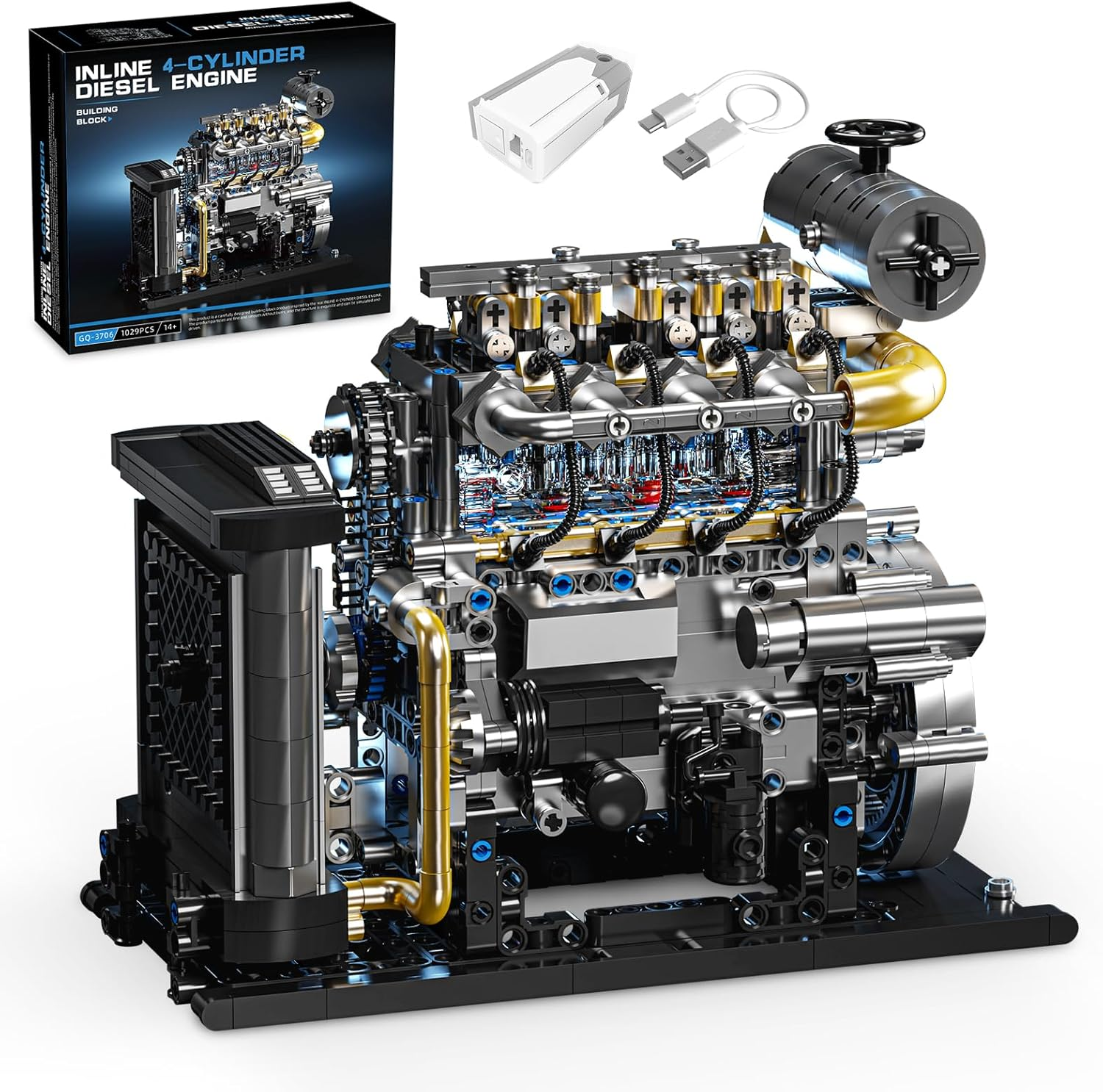 Diesel Engine Model Kit That Runs for Adults, MOC Mini Inline 4-Cylinder Diesel Engine Building Set with Motor, Compatible with Lego, Mechanical Engineering STEM Toy for Teens (1029 PCS)