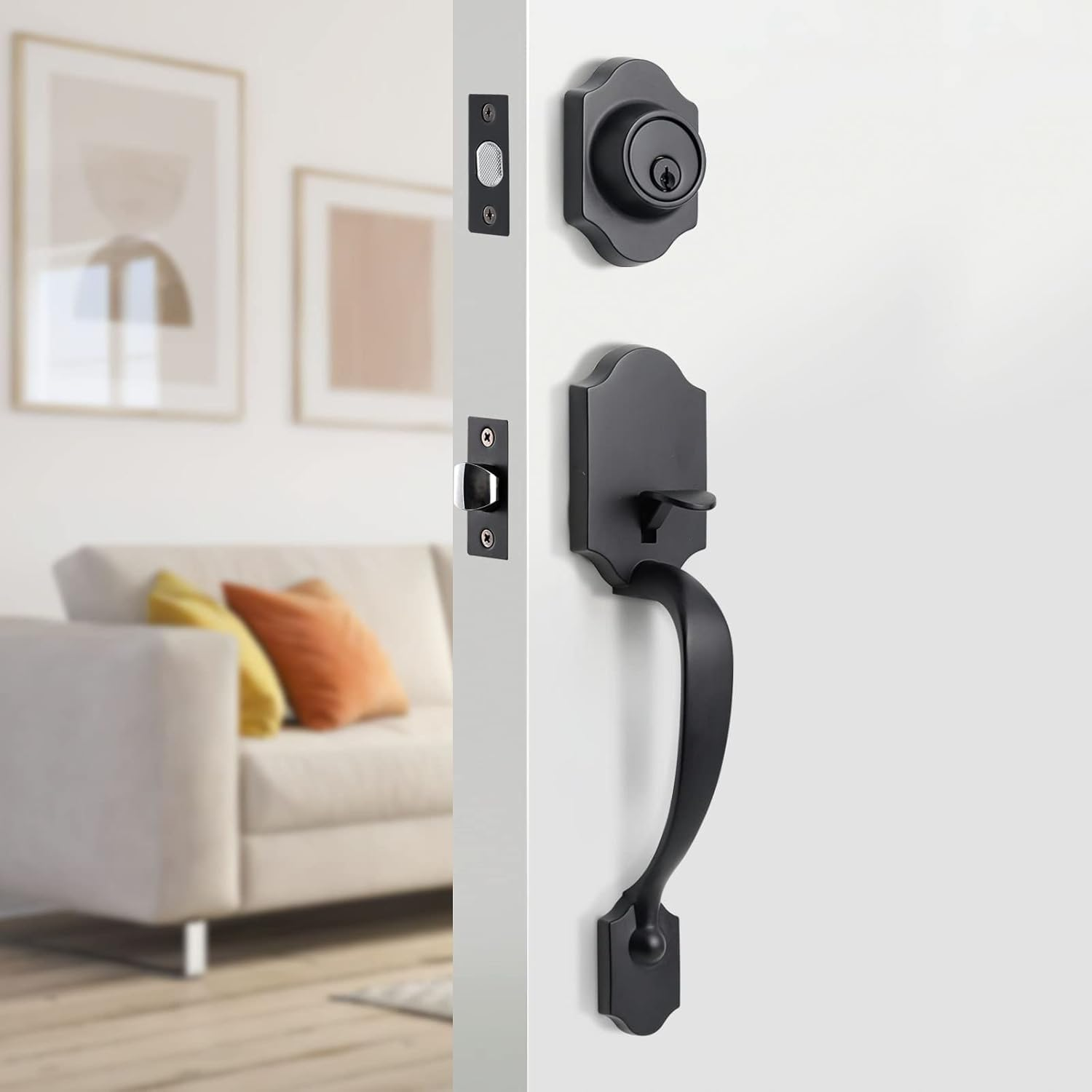 Front Door Handle Heavy Duty Entry Lock Matte Black Entrance Set with Single Cylinder Deadbolt and Knob Handle, Reversible for Right & Left Handed Doors