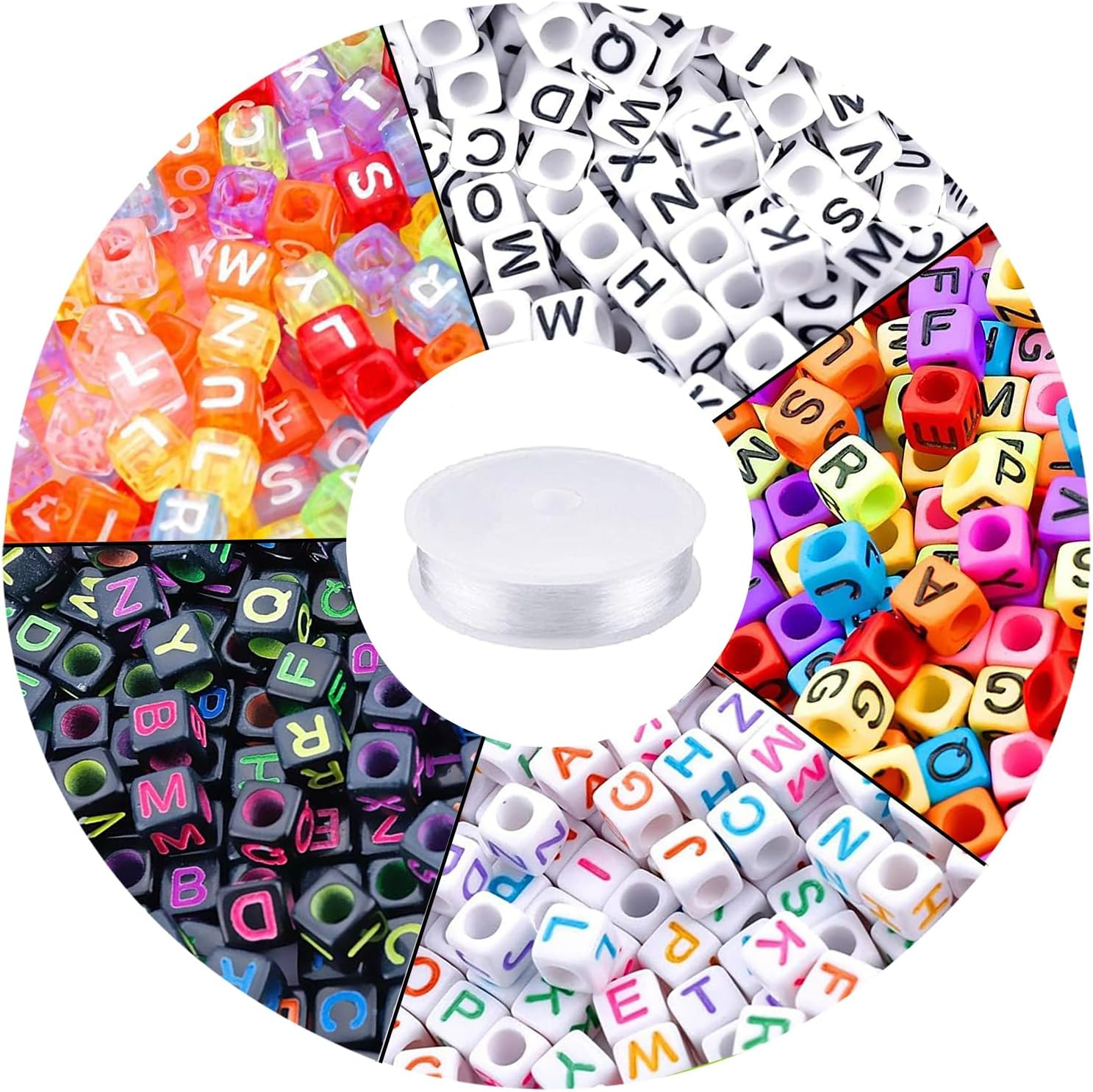 Augshy 1400Pcs 5 Color Cube Alphabet Beads Bracelet Letter Beads for Bracelets Making with 1 Roll 50M Crystal String Cord for Jewelry Making（6Mm）