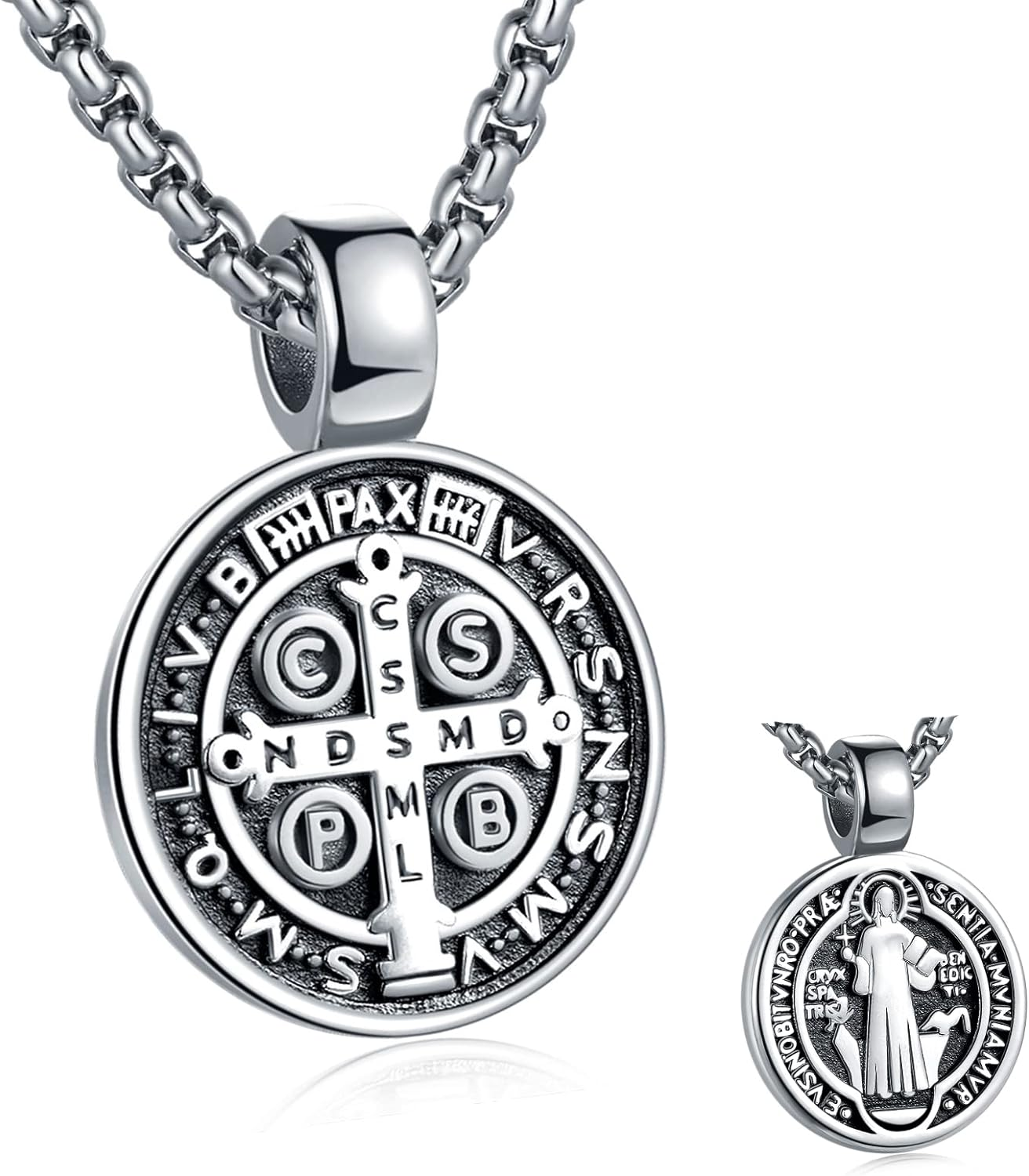 St Benedict Exorcism Medal Pendant Necklace Men'S Stainless Steel Catholic Roman Patron Saint Pendant, round Antiqued Religious Cross Protector Talisman Pendant