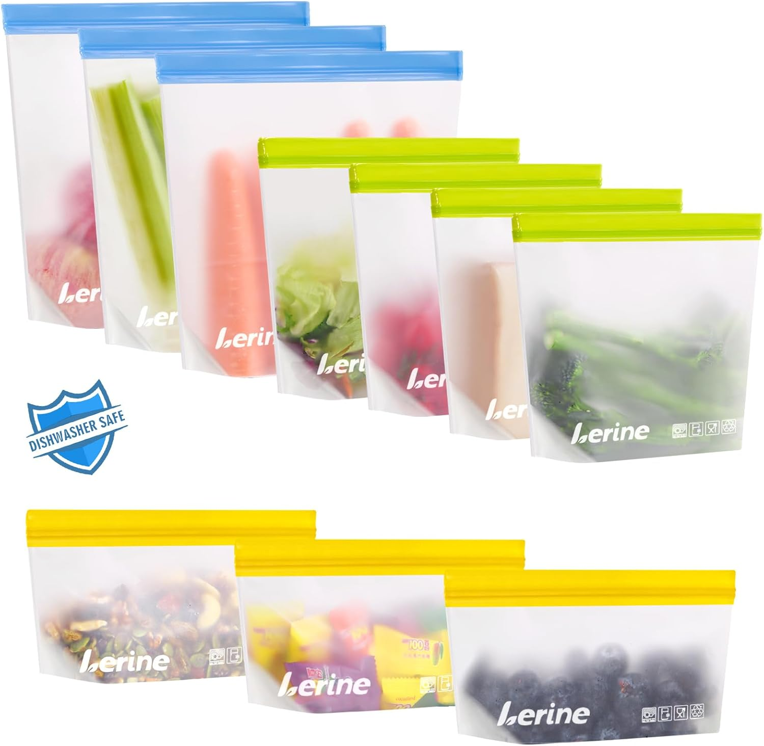 10 Pack Stand-Up Reusable Freezer Bags Silicone, Leakproof Dishwasher Safe Food Storage Bags, BPA Free Reusable Gallon Bags for Marinating, Meal Prep - 3 Gallon 4 Sandwich 3 Snack (Multicolor)