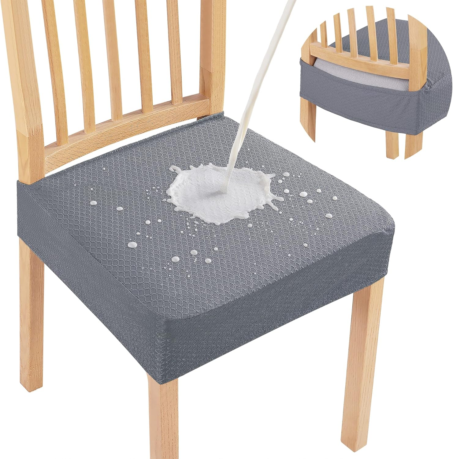 Smiry Waterproof Seat Covers for Dining Room Chairs Set of 4, Stretch Jacquard Removable Washable Chair Seat Slipcovers Protector, No Rear Covers, Grey