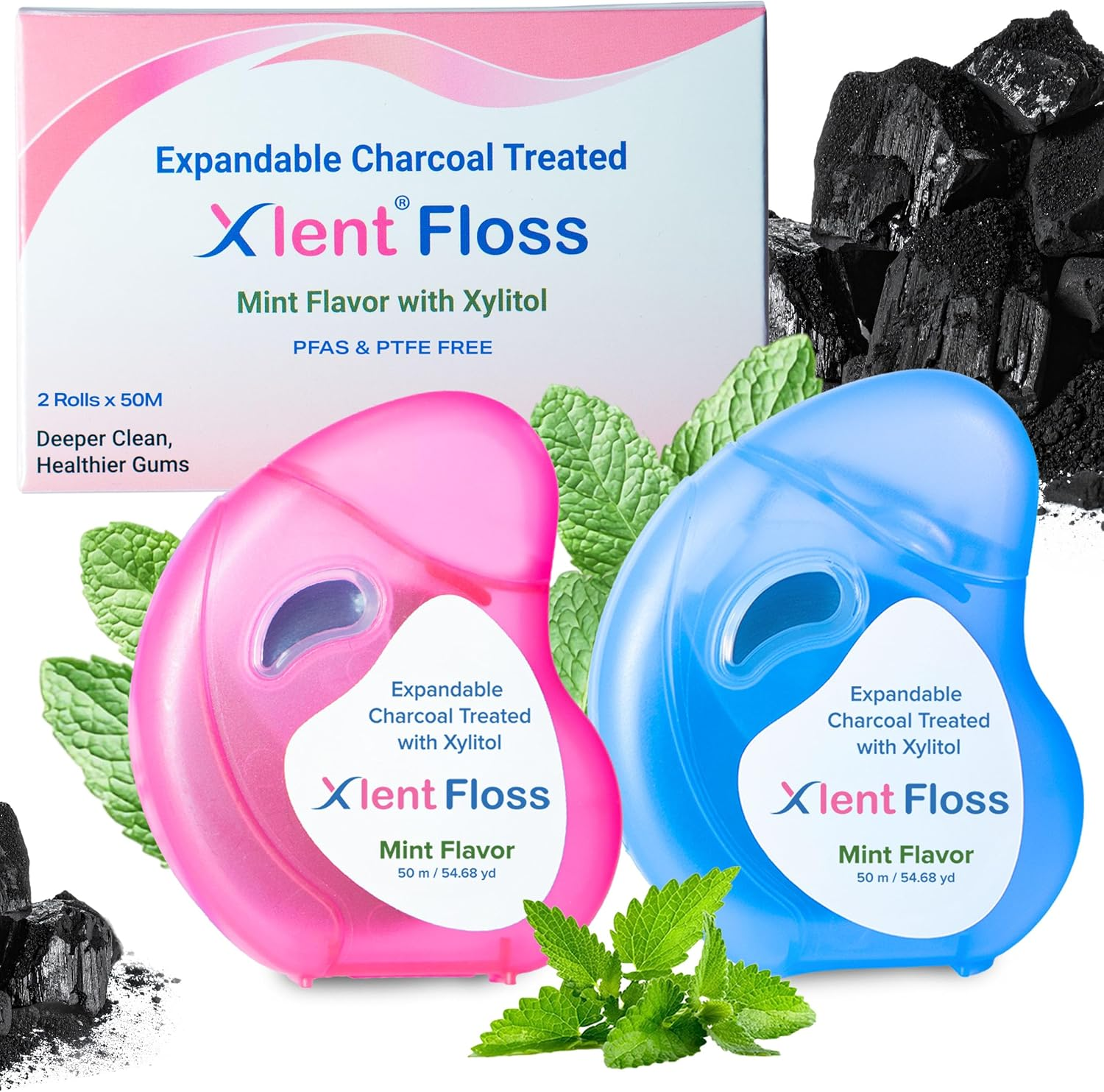 Expandable Dental Floss Treated with Activated Charcoal with Xylitol and Natural Plant Based Wax | Mint Flavor | PFAS & PTFE Free | Pack of 2 (50 M Floss Containers)