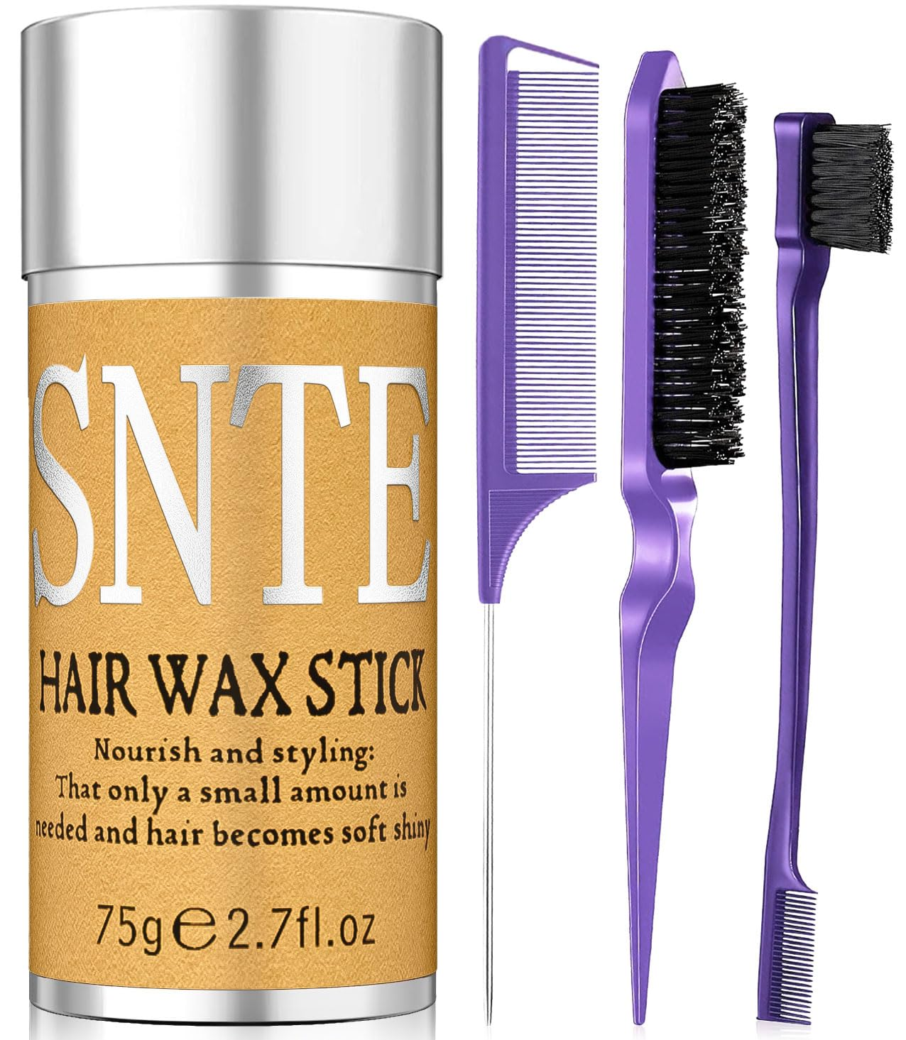 Slick Back Hair Brush (Purple), Hair Wax Stick Set, Taming Flyaways for Sleek Ponytail & Bun Styling, Hair Accessories for Teen Girls, Kids, and Women