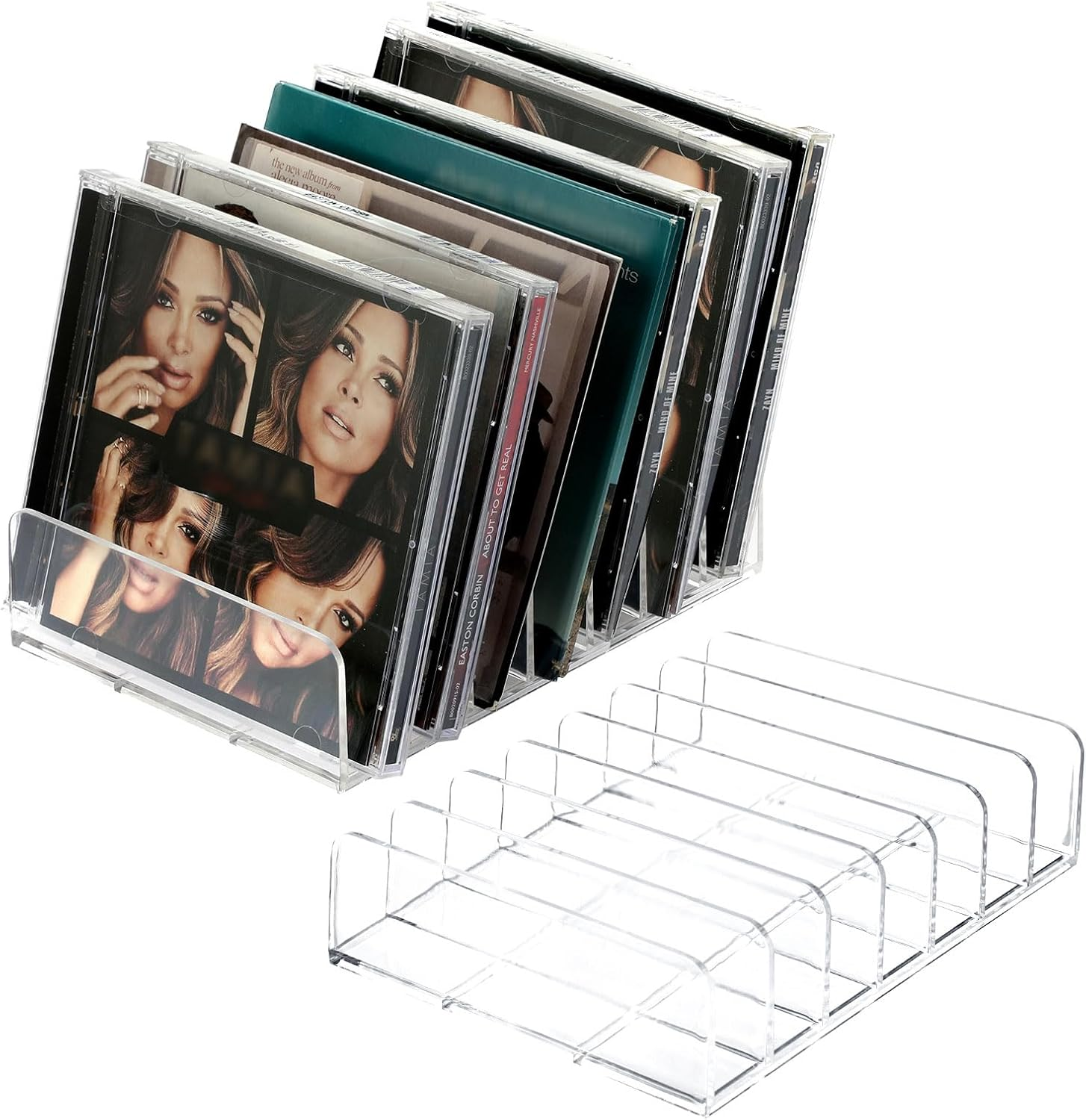 Hipiwe Clear CD Holder - 7 Slot CD Storage Box CD DVD Display Rack Tray Holds up to 14 Standard CD Cases, Tabletop Plastic File Divider for Paper Mail Bill Eyeshadow Palette Organizer, 2-Pack