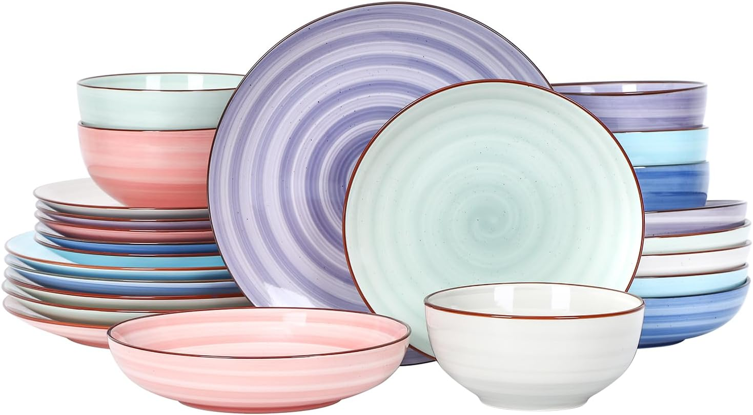 Ceramic Plates and Bowls Set, 24 Pieces Dinnerware Sets for 6, Scratch Resistant Dishes Set, Handpainted Swirl with Spot Dishwasher & Microwave Safe, Gradient Color