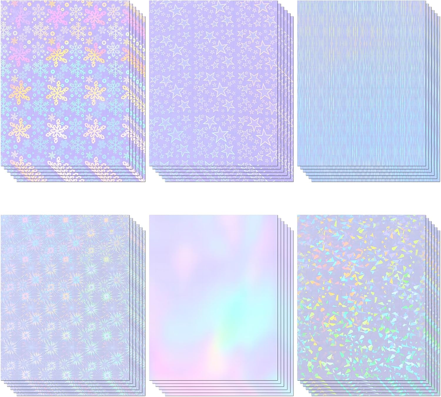 36 Sheets Holographic Sticker Paper, Clear Vinyl Laminate Film for Stickers Waterproof, Transparent Overlay Lamination Sticker Paper Self-Adhesive, 6 Patterns-8.5X11 Inch