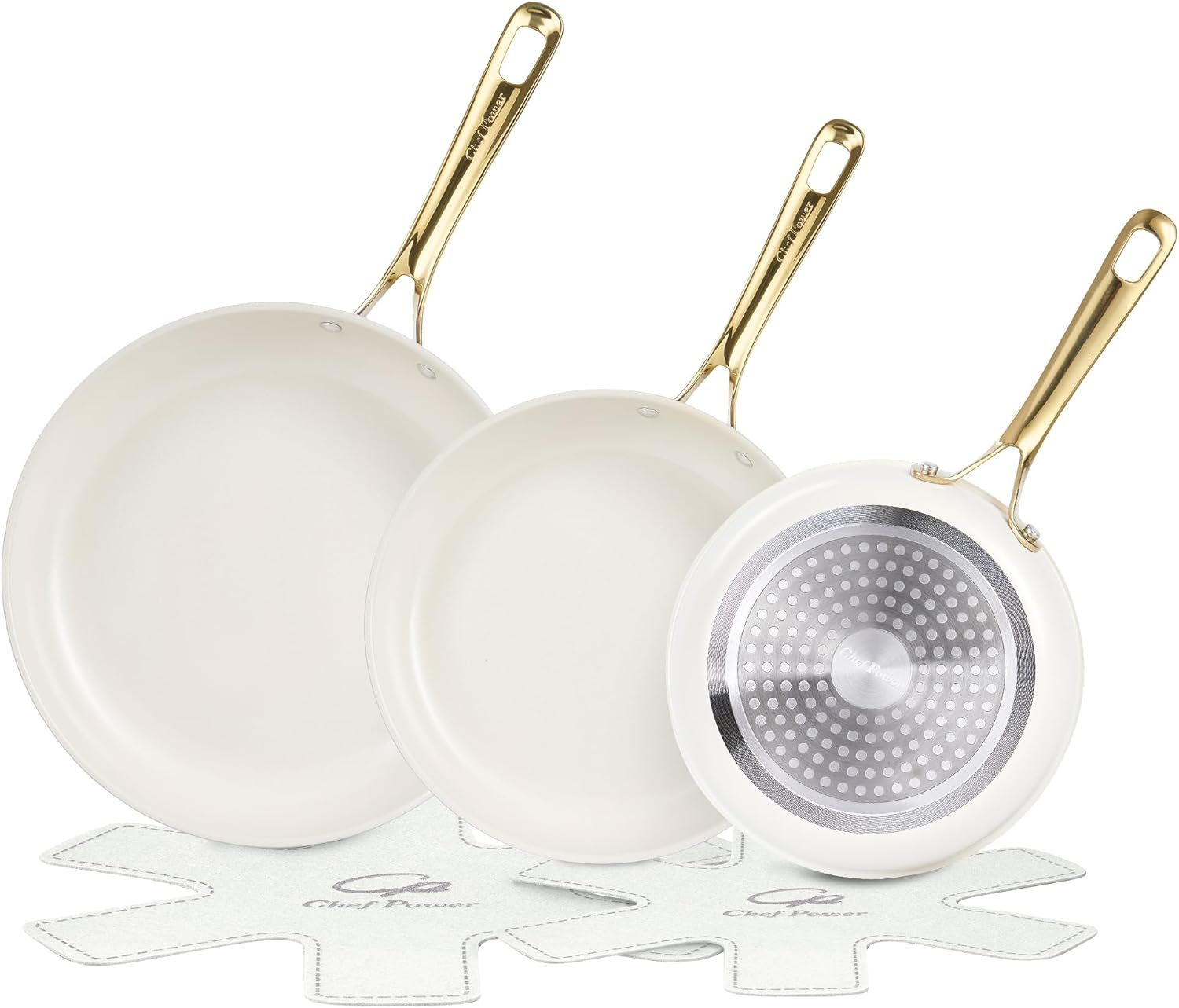 Ceramic Frying Pan with Stainless Steel Handle 5Pcs Set, Non Stick Grill Pan Set, Dishwasher and Oven Safe, Cream White and Light Gold Handle