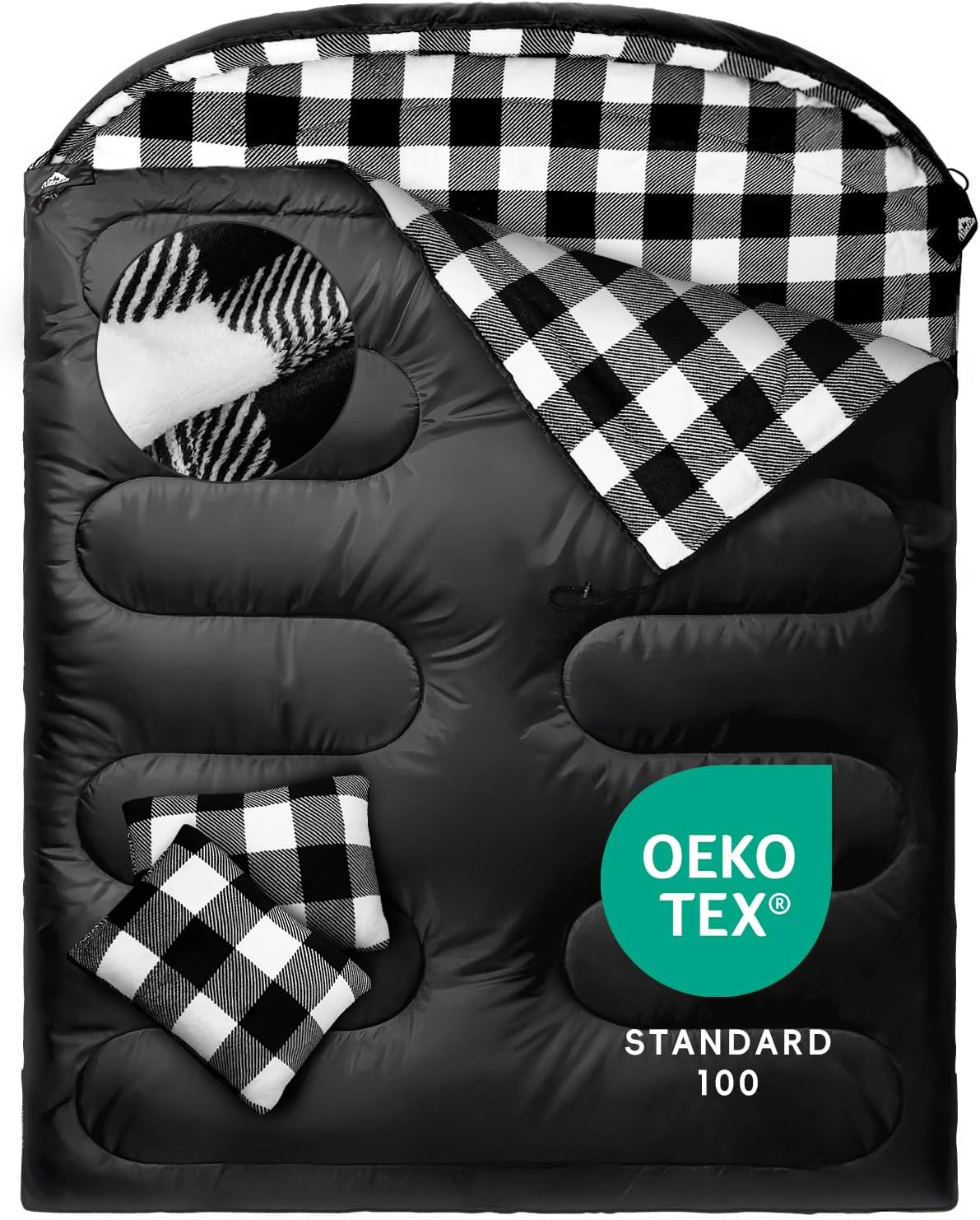 Flannel Double Sleeping Bag for Adults Cold Weather, XL Queen Size Sleeping Bag for All Season 2 Person Big and Tall Sleeping Bags for Camping 0 Degree with Pillow