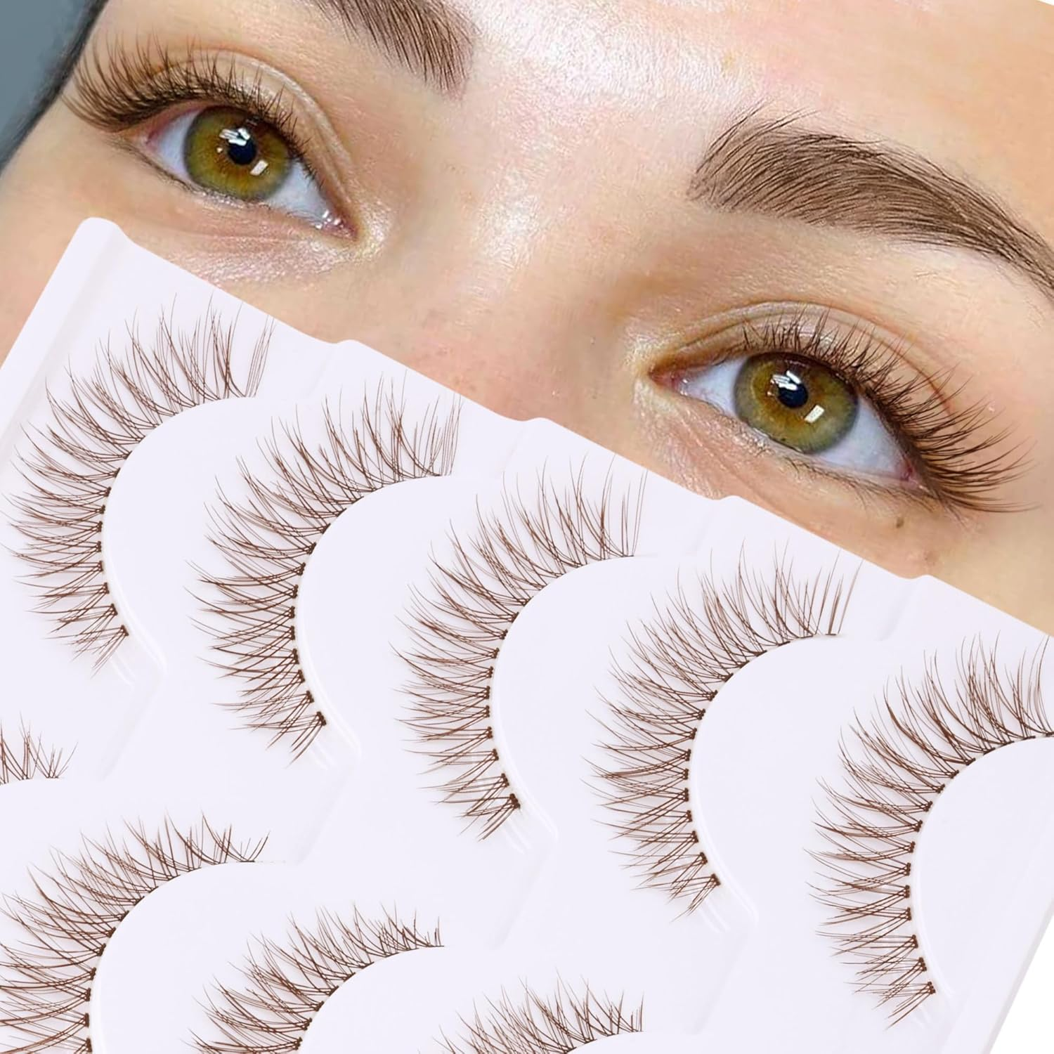 Brown Lashes Natural Look Cat Eye Lashes Brown Eyelashes Faux Mink False Lashes Wispy Volume C-Curly Short False Eyelashes with Clear Band by Newcally