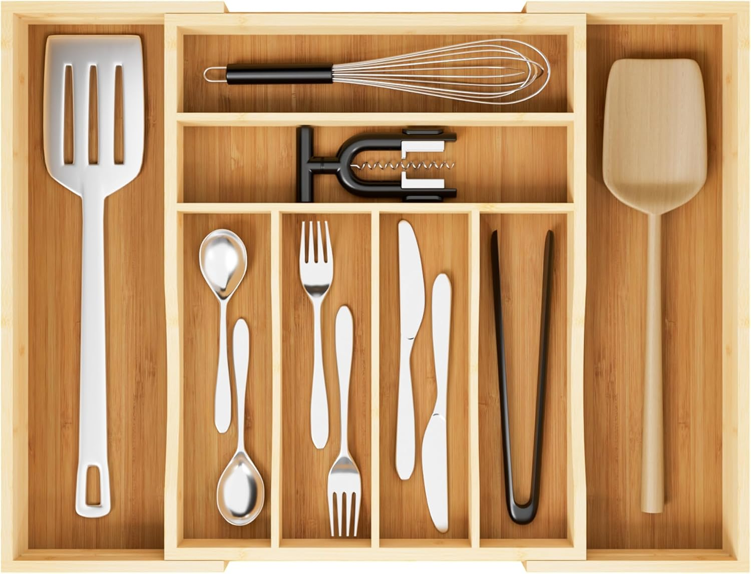 Expandable and Adjustable Bamboo Drawer Organizer Tray - Cutlery & Flatware Organizers for Kitchen Utensils, Silverware Organizer with Dividers, 6-8 Slots with Curved Grooves (Natural)