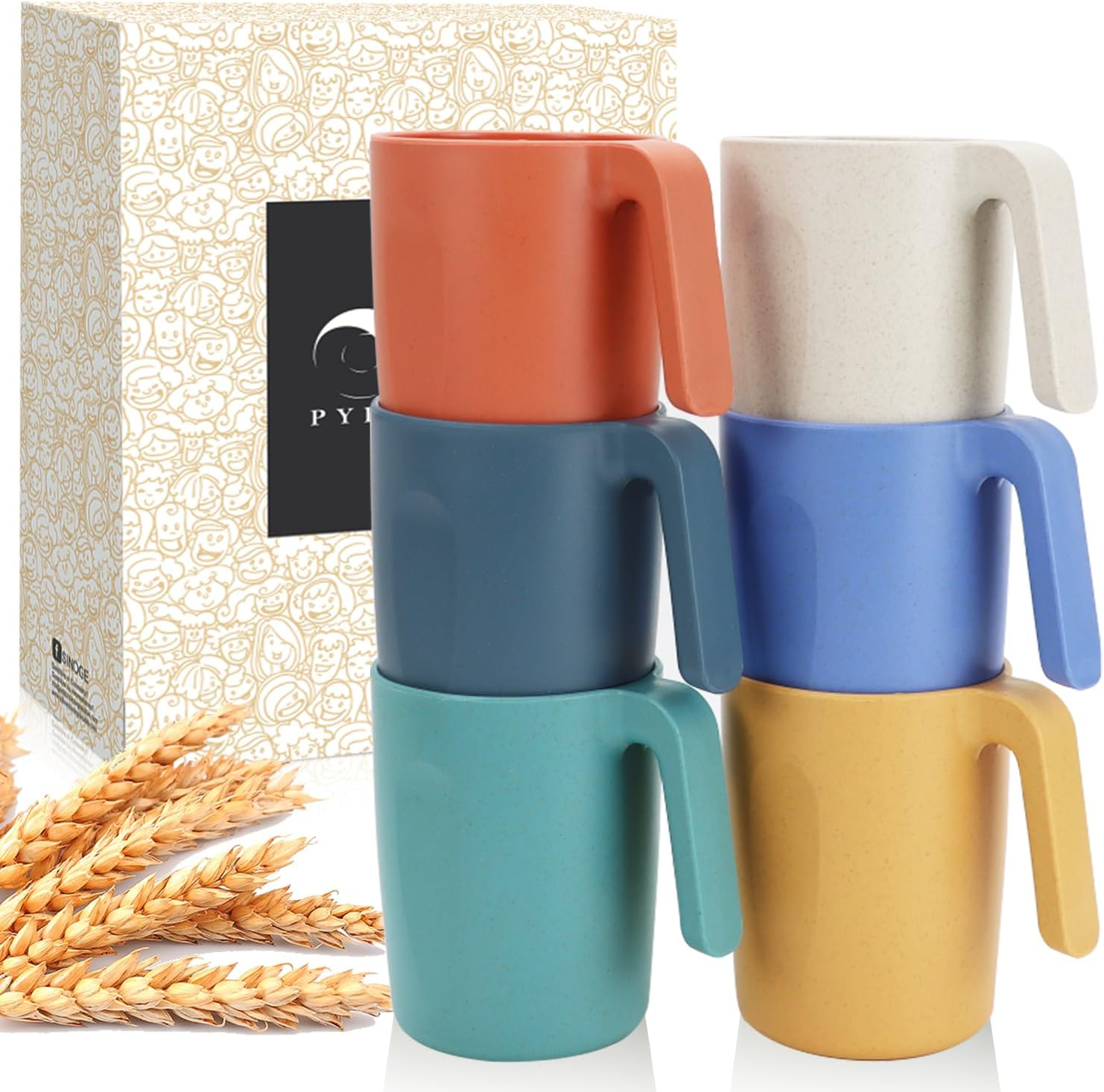Wheat Straw Cups-Mug Set of 6,Unbreakable Kids Mugs,Reusable Plastic Cup with Handles,16 Oz Mug Set for Coffee,Camping,Picnic,Drinking Cups Stackable,Bpa-Free,Dishwasher Safe