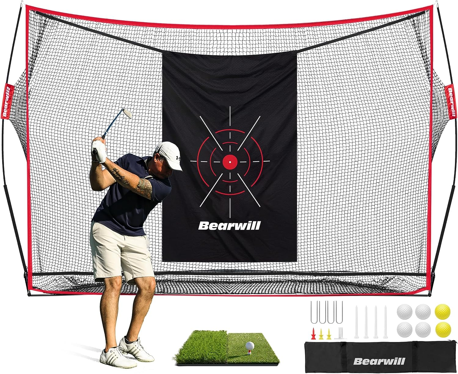 Golf Net, 10X7Ft Heavy Duty Golf Practice Nets with Mat, Target Cloth, 8 Tees, 6 Balls, Carry Bag for Backyard Driving Chipping Indoor Outdoor Training