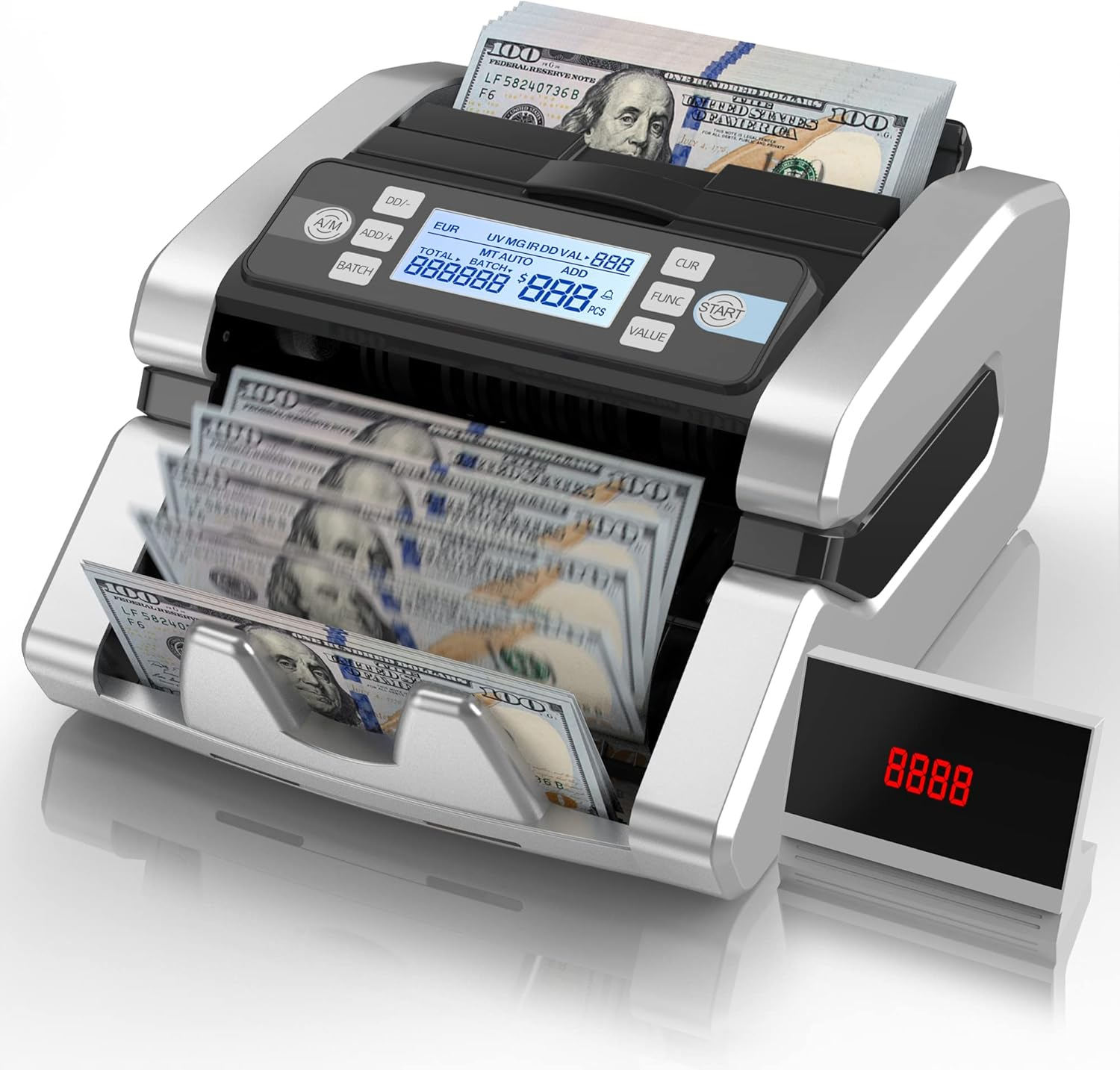 Machine Bill Counter with UV/MG/IR/MT/DD Counterfeit Detection, USD/EUR Value Bill Count, Cash Counting1300 Bills/Min