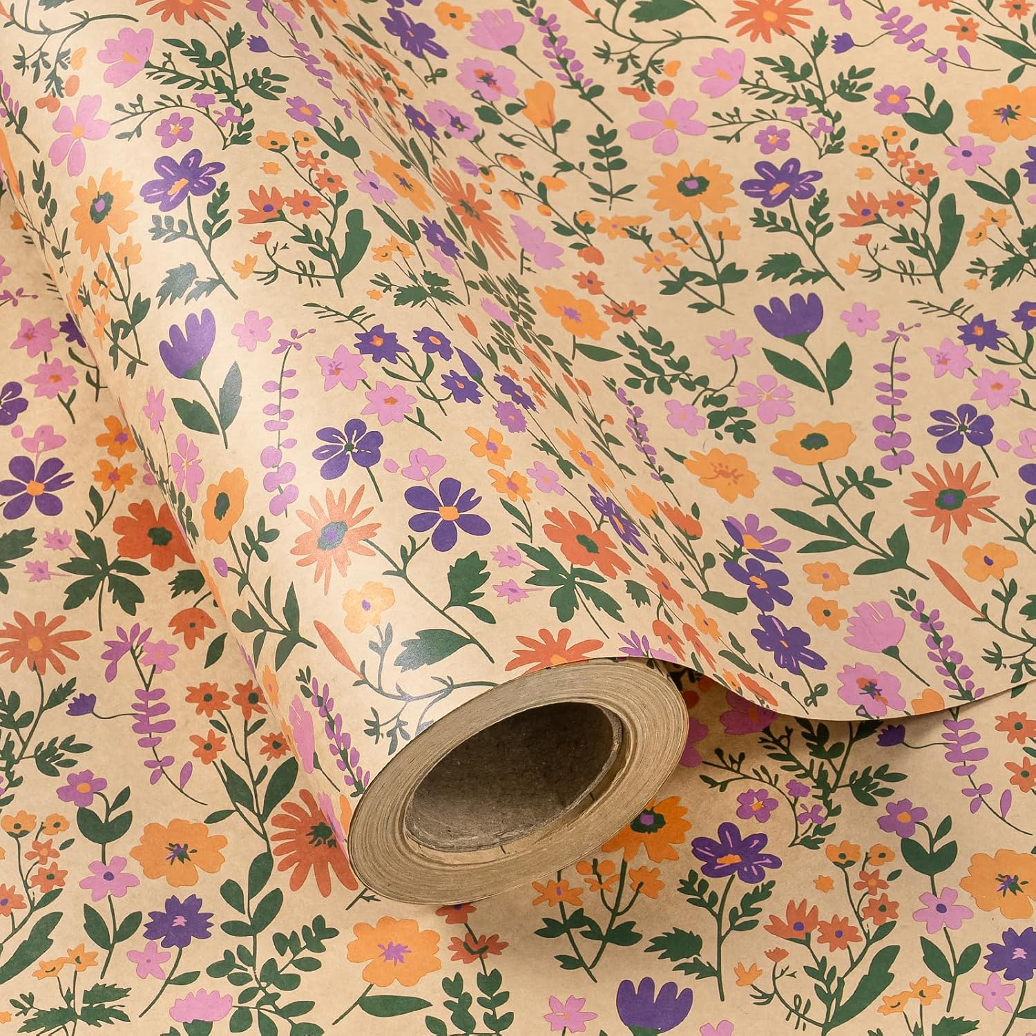 Kraft Floral Wrapping Paper Roll - Mini Roll - 17 Inch x 9.8 Feet - Vintage Flower Wrapping Paper, Perfect for Wedding, Birthday, Bridal Shower, Tea Party