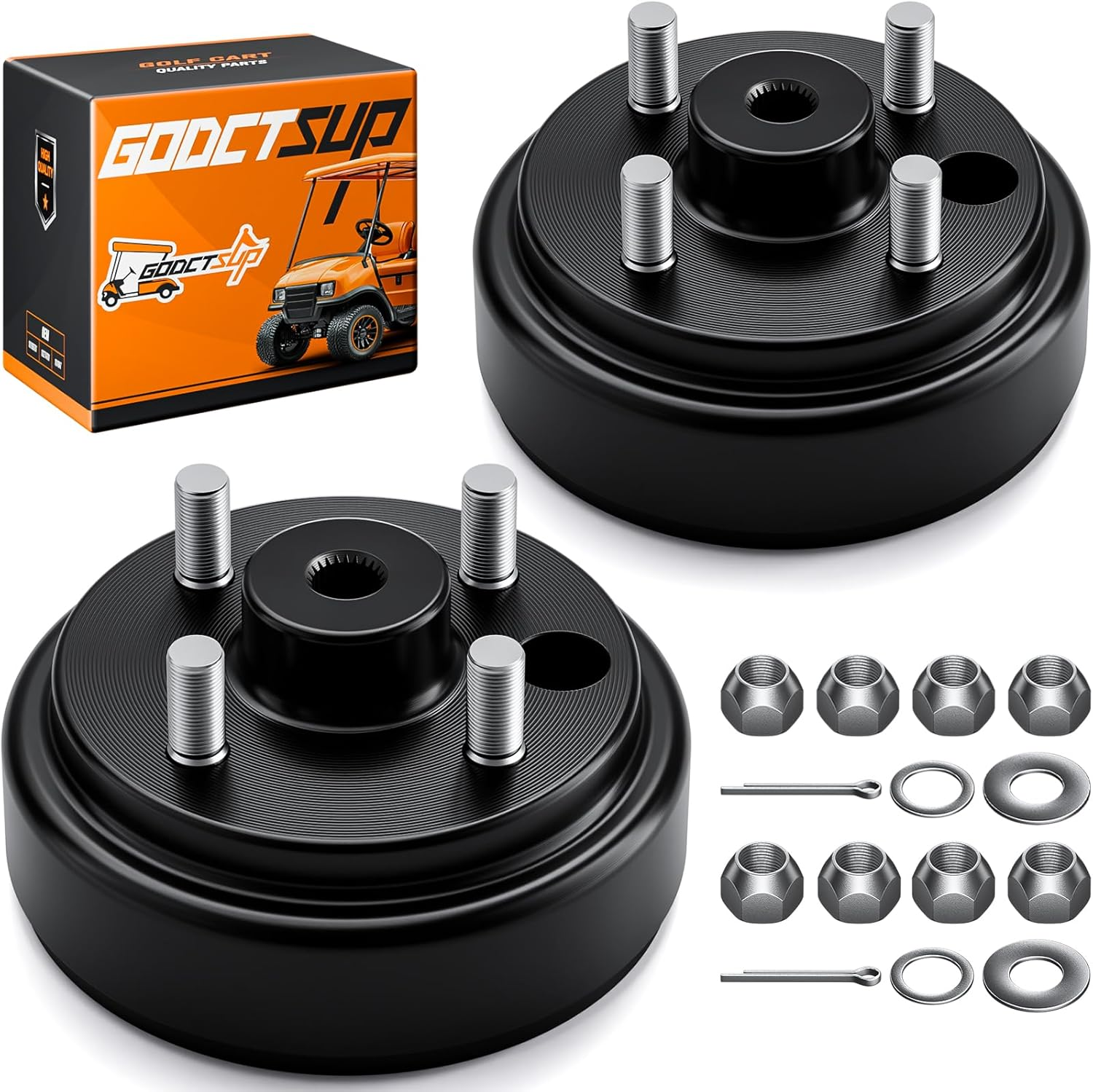 EZGO Brake Drum Hub Assembly, Golf Cart Brake Drums for EZGO TXT 1982-UP Electric and 2-Cycle 1982-1993 Gas, 24 Tooth Star Spline Drums Replace OEM# 19186G1P (Black 2-Pack)