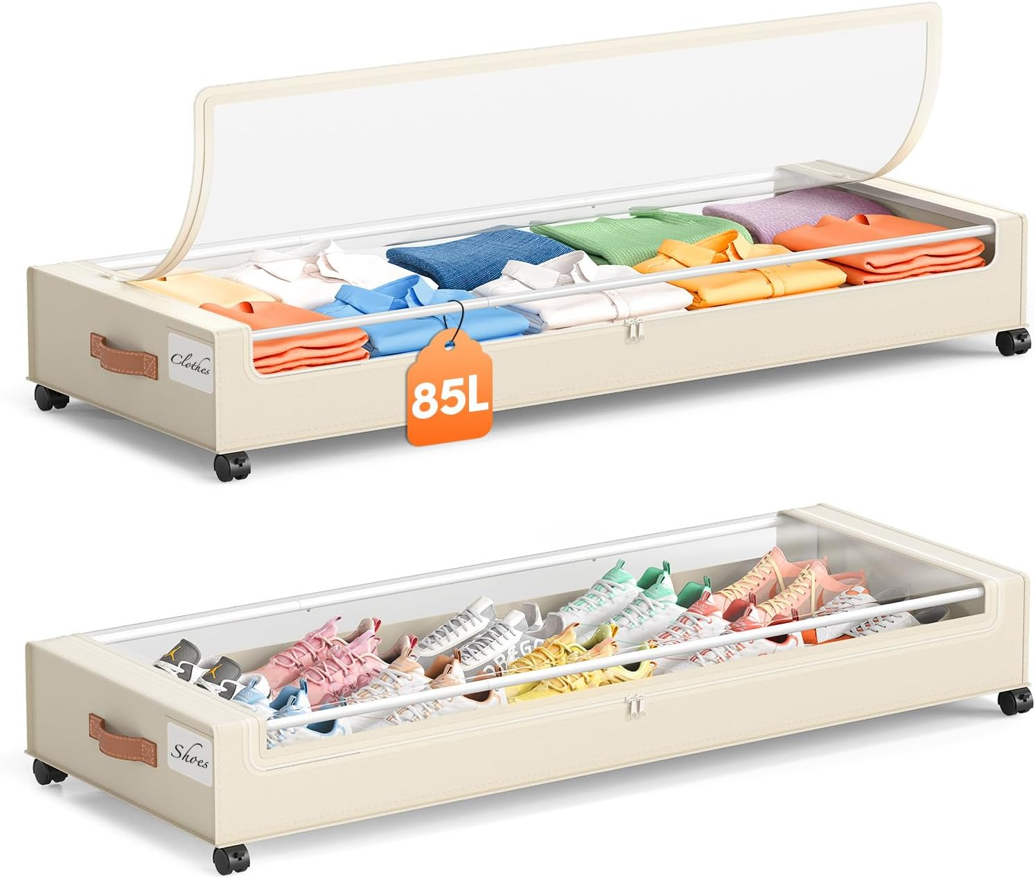 under Bed Storage with Wheels 2 Pack, 85L Extra Large under Bed Storage Containers with Metal Frame & Clear Lid, Rolling Underbed Organizer Bins Drawers for Clothes, Shoes, Blankets, Beige
