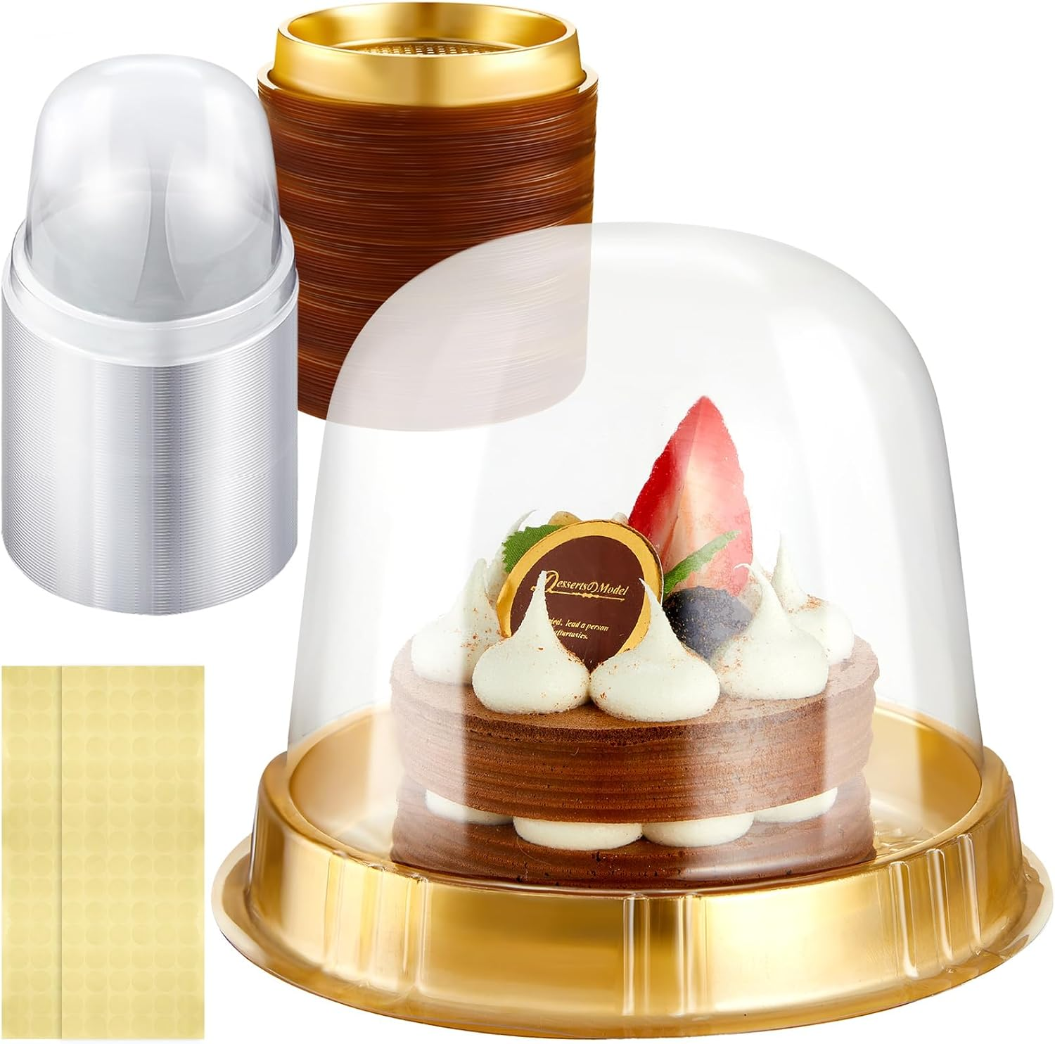 Individual Cupcake Boxes Clear Plastic Cupcake Containers Disposable Single Holder with Lid Tall Cake Carrier 5.3 Inch Diameter 4.3 Inch Height with Stickers for Wedding(Gold,50Pcs)