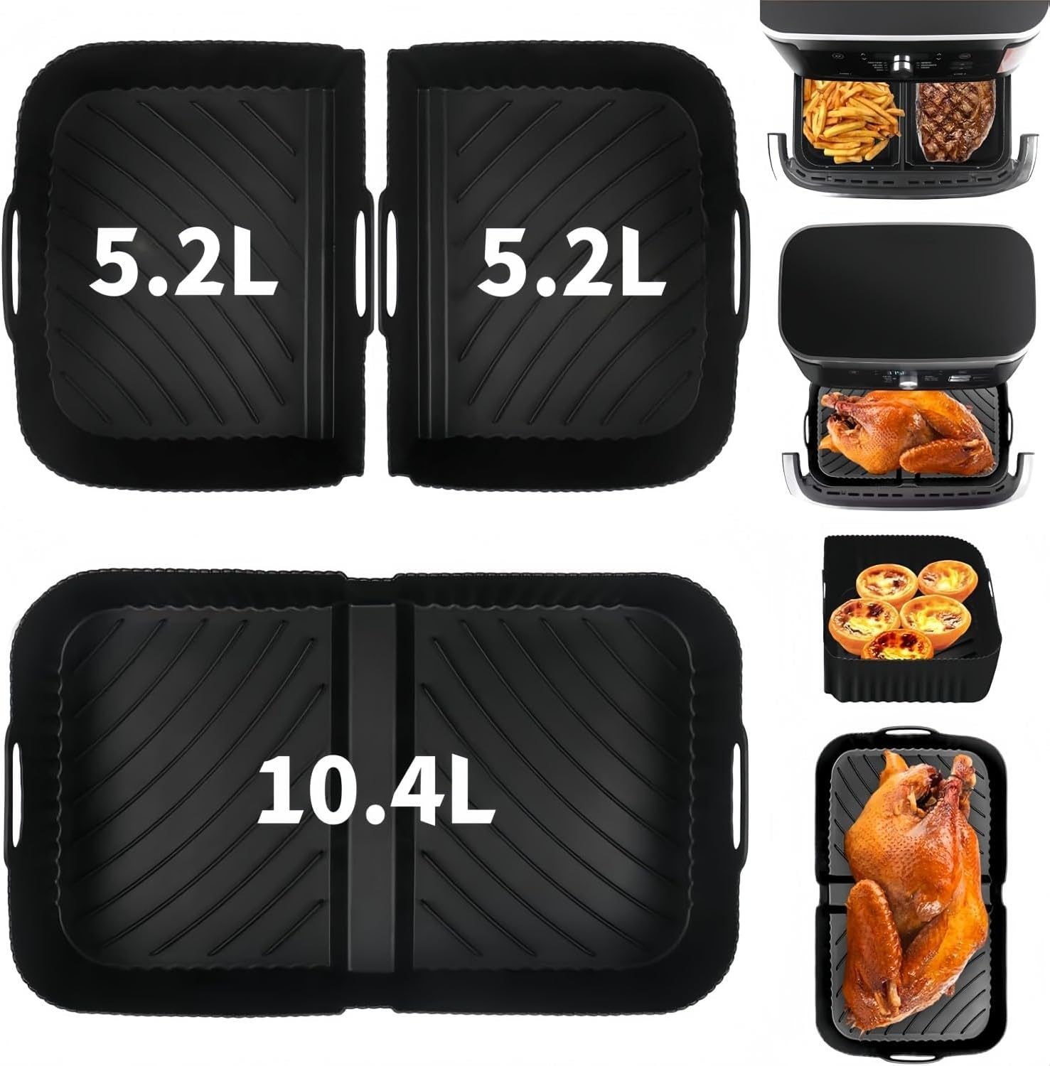 3Pcs Silicone Air Fryer Liners for Ninja Flex Drawer AF500UK, 2Pcs 5.2L + 1Pcs 10.4L Reusable Large Air Fryer Liners for AF500UK AF500UKCP Drawer Air Fryer