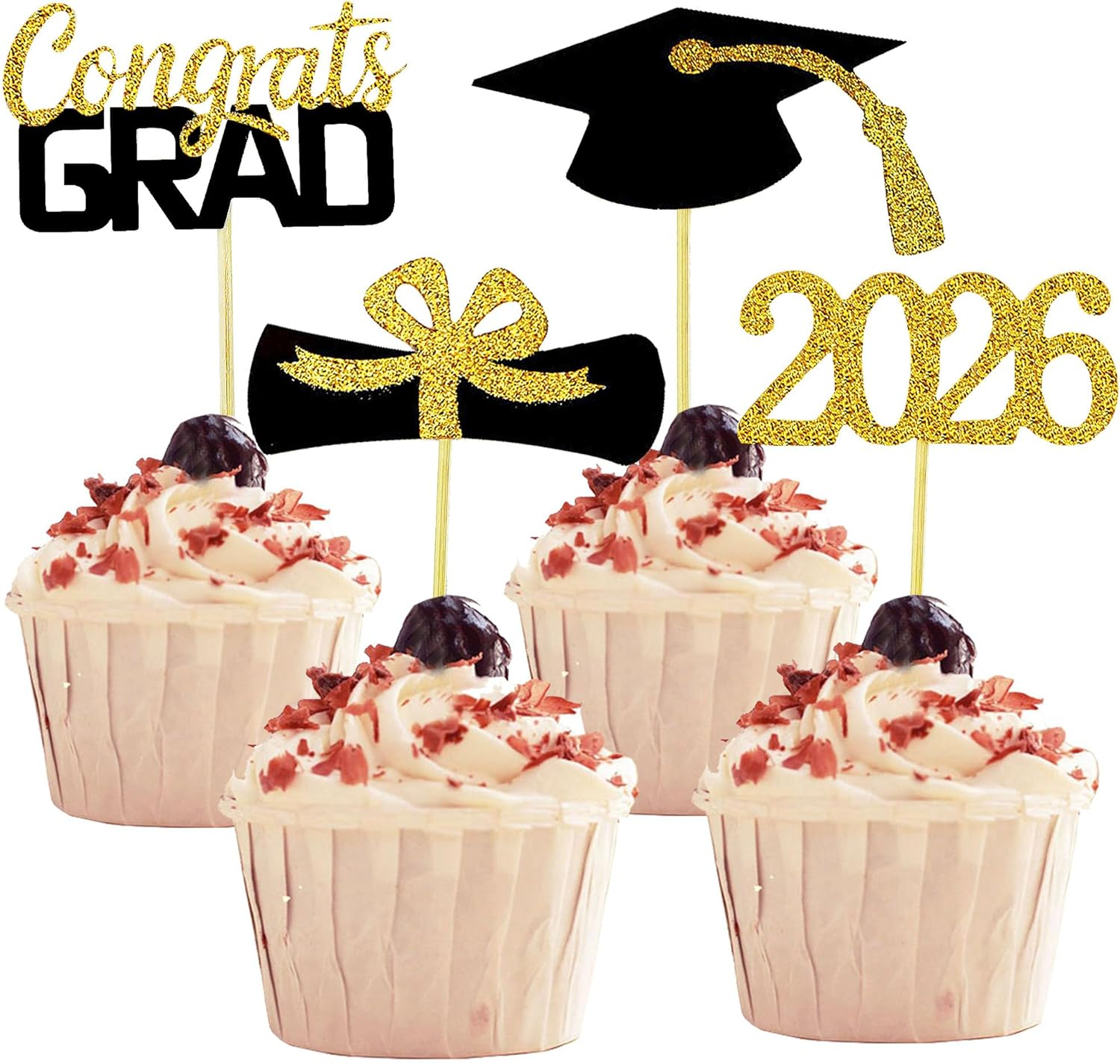 2026 Graduation Cupcake Toppers, 48 PCS Food/Appetizer Picks for Graduation Party Mini Cake Decorations, Diploma, 2026, Grad Cap Set 48 Pieces (01 Gold)