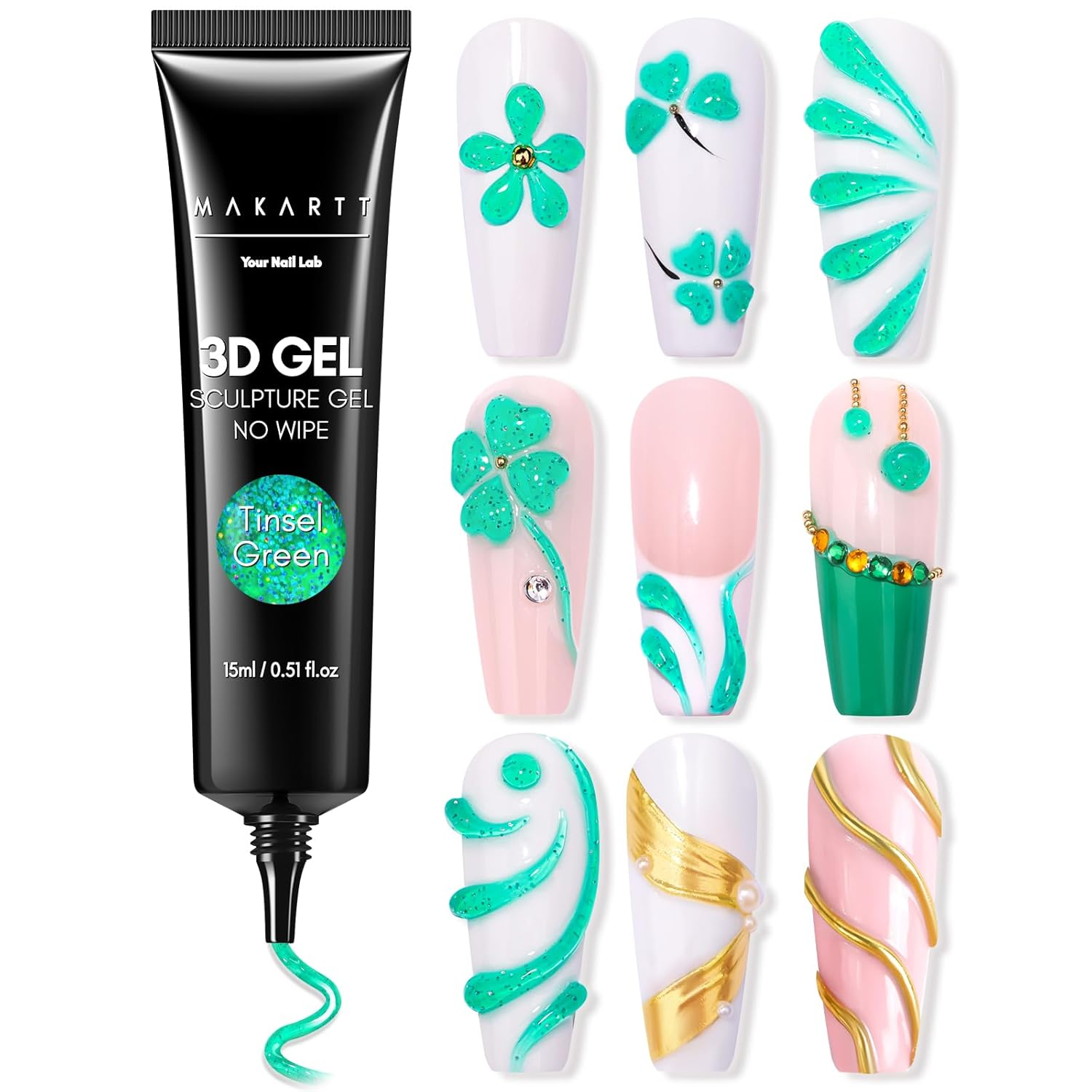 3D Gel Nail Art- 3D Nail Gel Sculpting Gel for Nail Designs 15Ml 3 in 1 No Wipe Polish for Drawing Carving Nails Molding Gels for Nail Decoration Charms- Tinsel Green