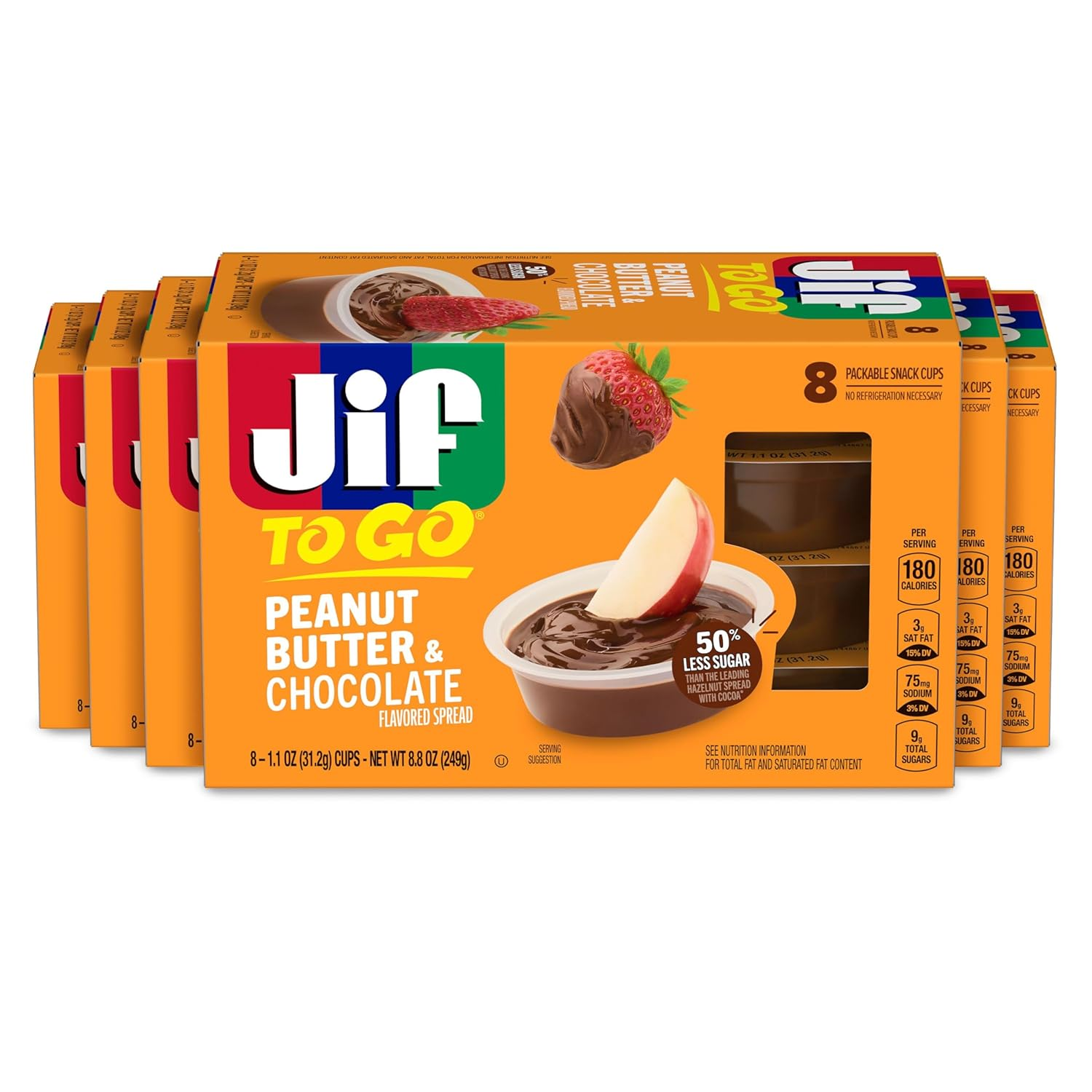 Peanut Butter & Chocolate to Go, 8 Count Cups (Pack of 6), Less Sugar, Thick & Creamy Texture