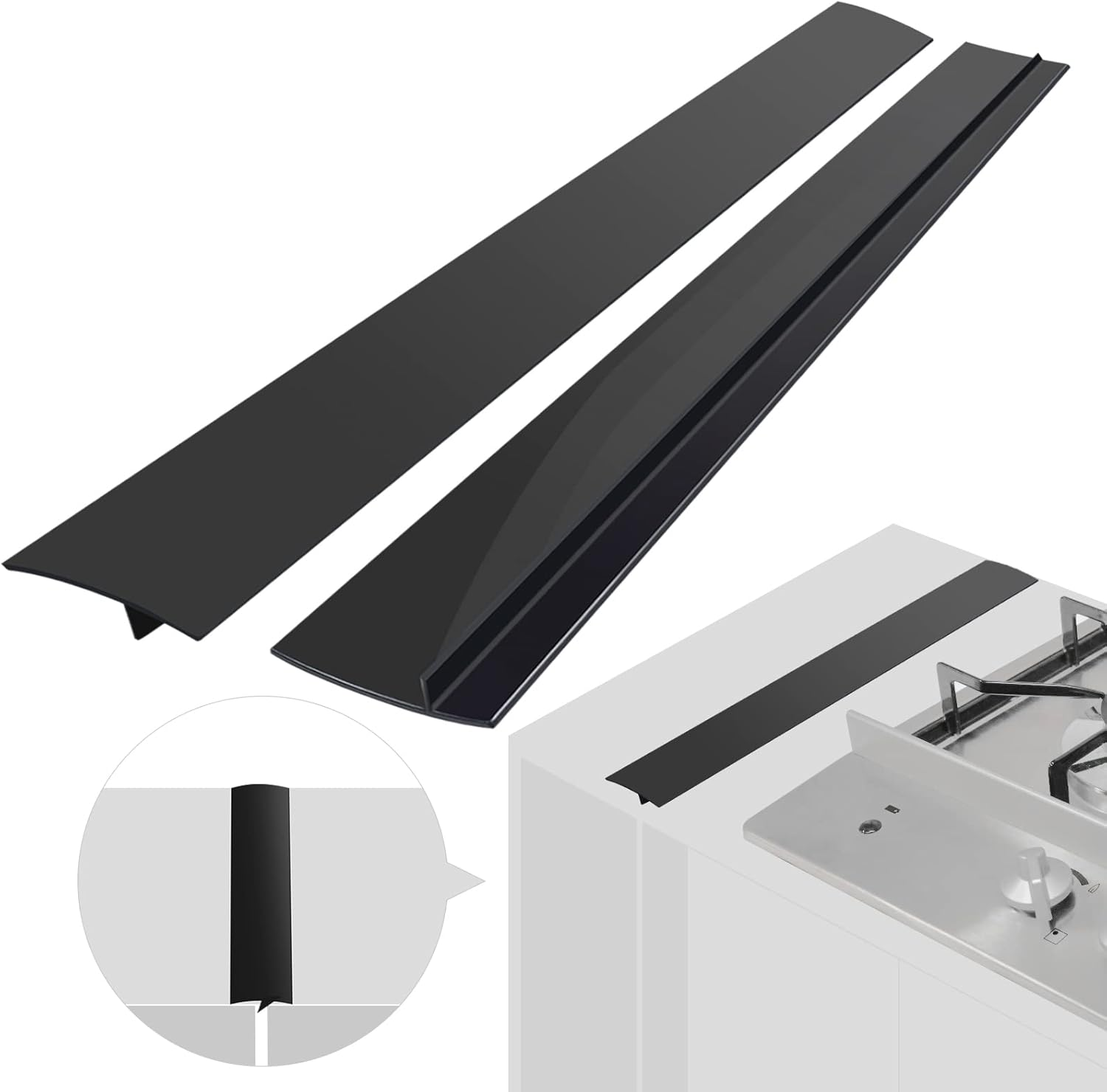 Silicone Stove Counter Gap Cover (2 Pack),Easy Clean Heat Resistant Wide & Long Kitchen Stove Gap Filler,Seals Spills Between Counters, Oven, Stovetops, Washing , Washer, Dryer(21in, Black)