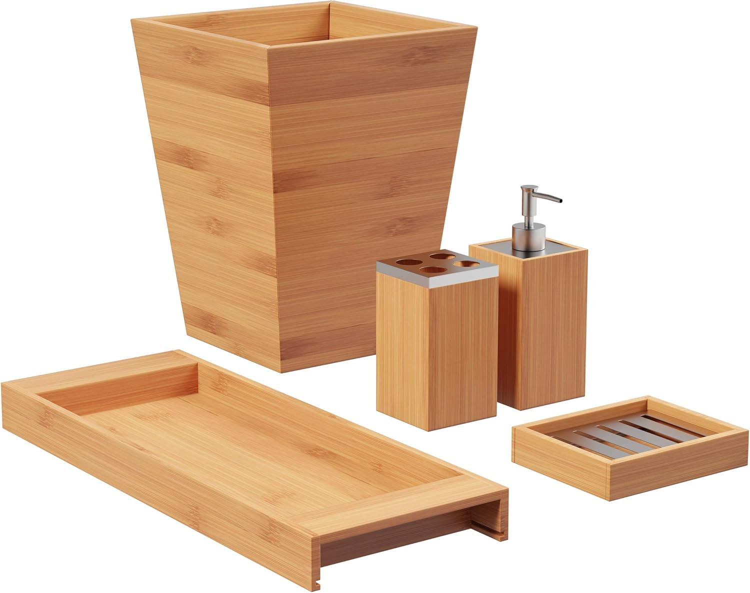 5-Piece Bathroom Decor Set - Bamboo Vanity Accessories with Trash Bin, Soap Dish, Soap Dispenser, Toothbrush Holder, and Tray by  (Natural)