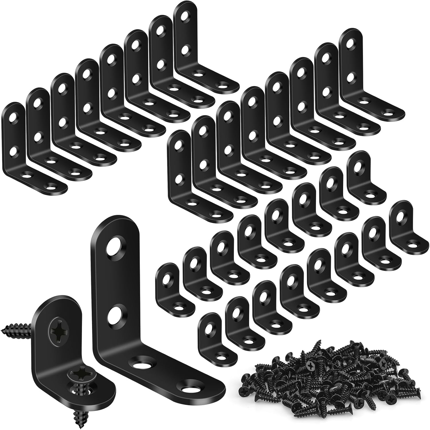 32PCS L Corner Bracket, Stainless Steel L Brackets for Shelves, Black Heavy Duty/Small Right Angle Bracket, Metal Corner Brace for Wood Furniture with 100PCS Screws (1.57x1.57in/0.79x0.79in)