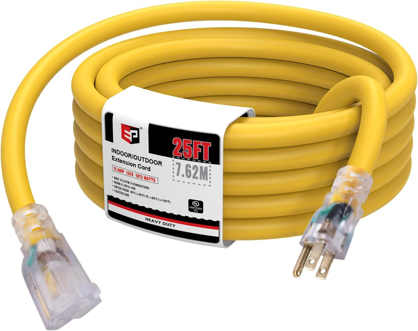 25 Ft Lighted Outdoor Extension Cord - 10/3 SJTW Heavy Duty Yellow Extension Cable with 3 Prong Grounded Plug for Safety, UL Listed