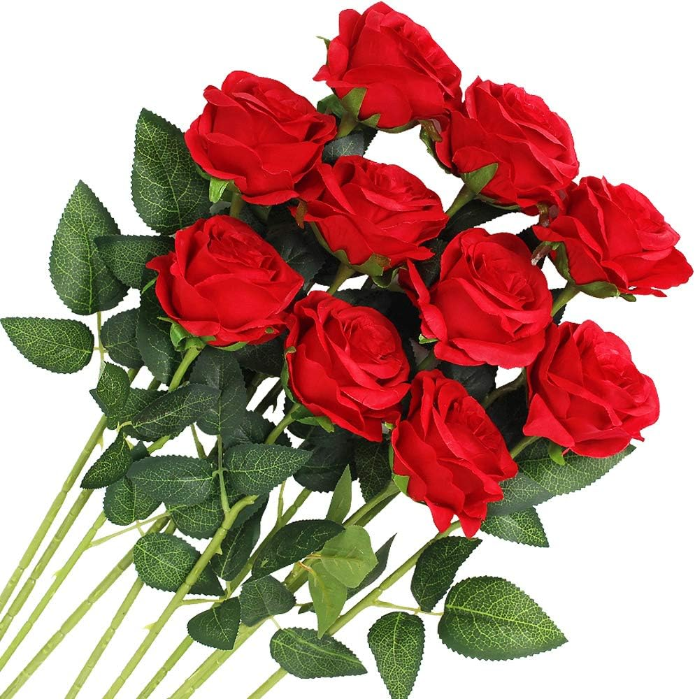 Veryhome 10 Pcs Women'S Day Artificial Roses Silk Flowers Fake Single Stem Blooming Rose Bridal Bouqets for Wedding Home Birthday Party Arrangment Garden Decoration (Red)